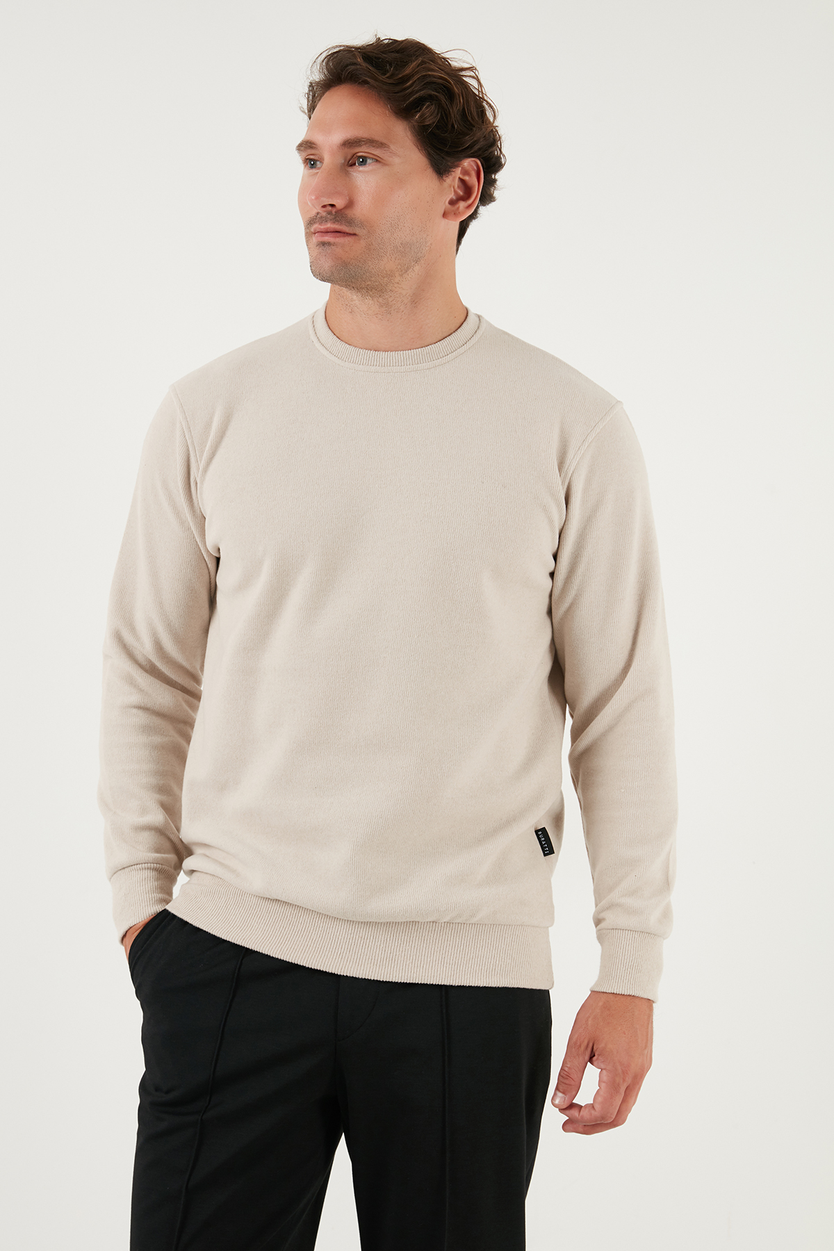 Slim Fit Bisiklet Yaka Pamuklu Kazak Erkek KAZAK 456201 — بژ — تصویر 3 از 5