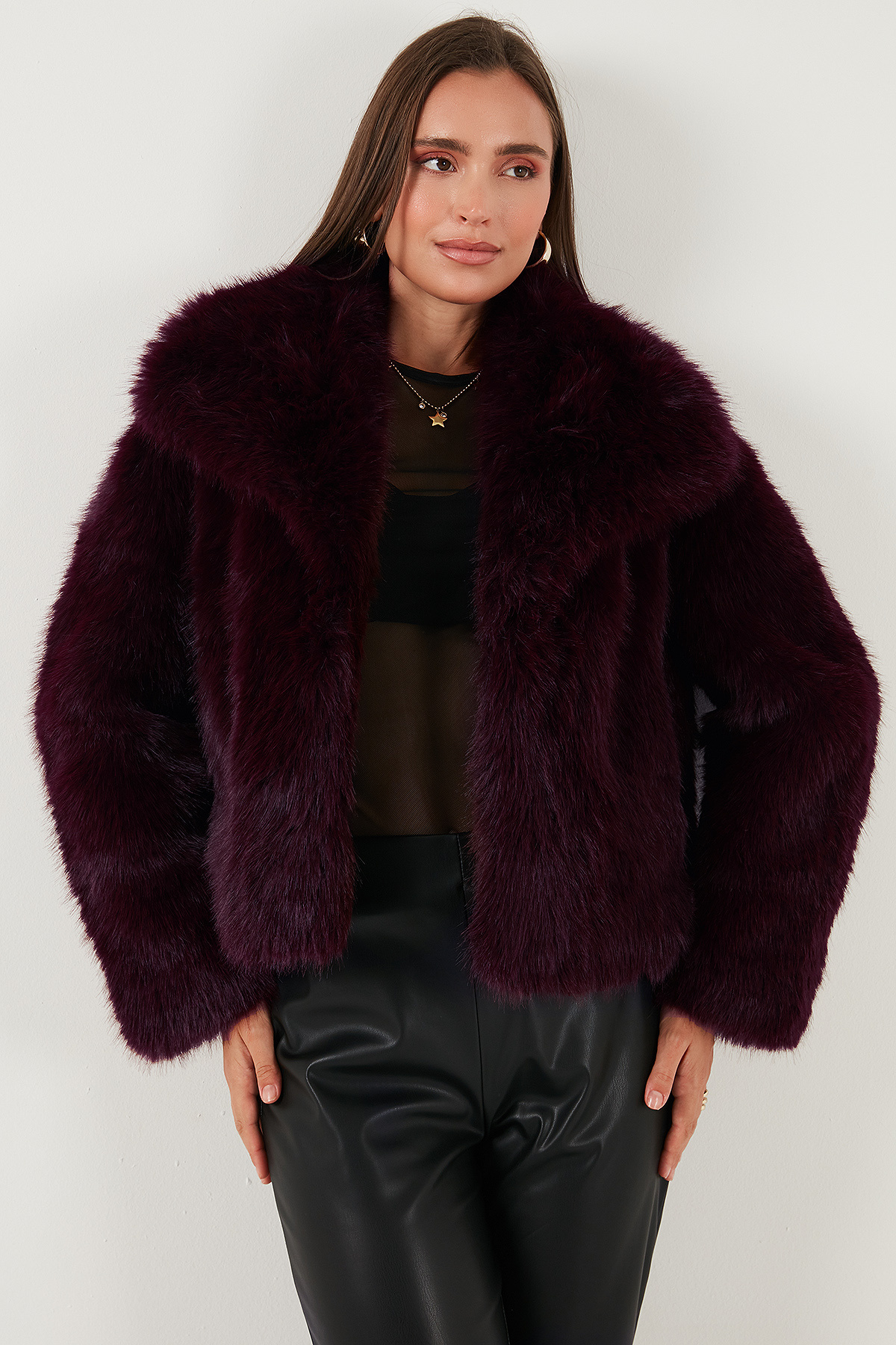 Lela Oversize Fit Gömlek Yaka Cepli Astarlı Kürk Mont KÜRK 497BERRY görsel 4