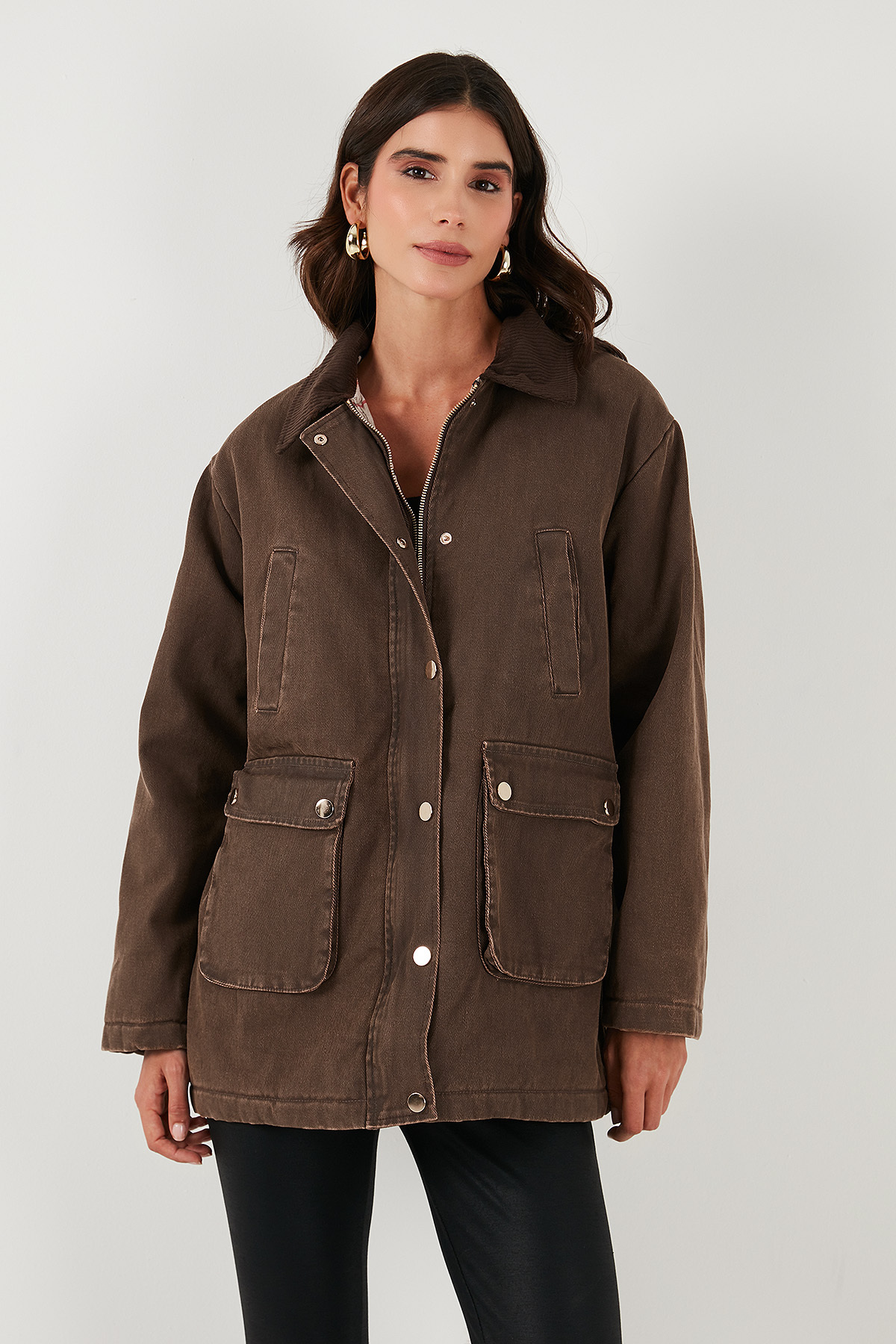 Lela Regular Fit Ceket Yaka Kadife Ekose Astarlı Ceket Mont MONT 6810330 görsel 2