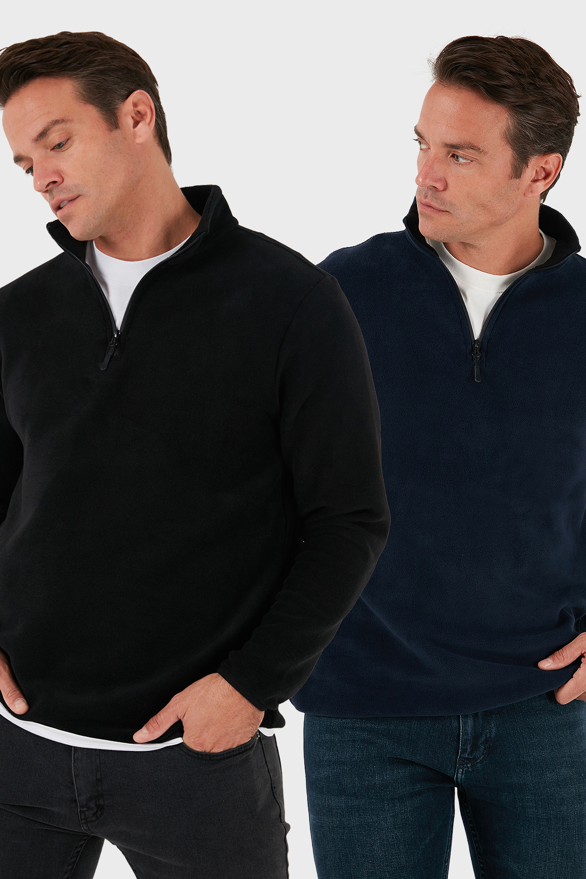 Slim Fit Yarım Fermuarlı Dik Yaka Soğuk Geçirmez 2'li Paket Polar Erkek POLAR 5906003S2 — رنگارنگ