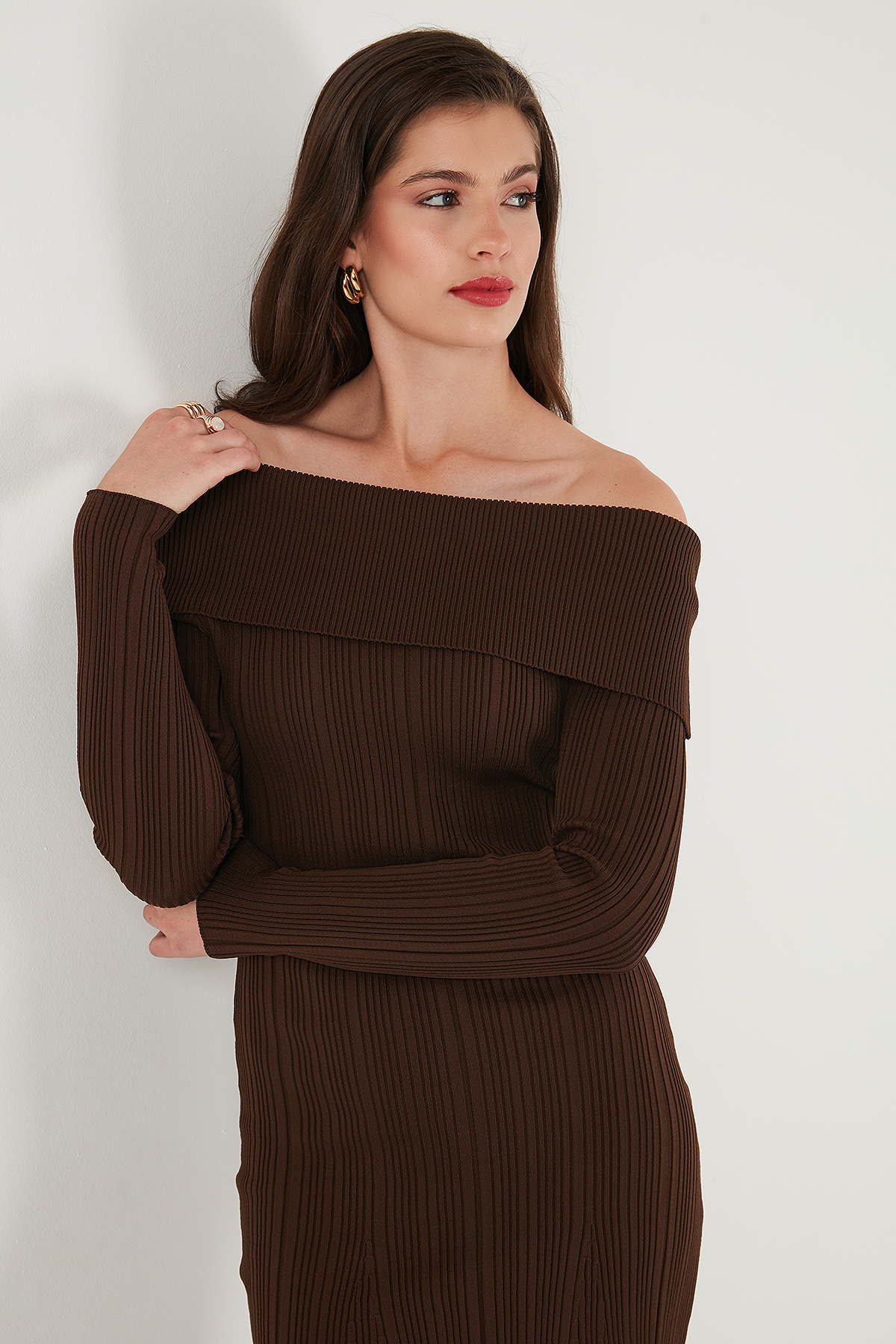 Lela Premium Fitilli Carmen Yaka Slim Fit Midi Boy Triko Elbise ELBİSE 680EL00033 görsel 5