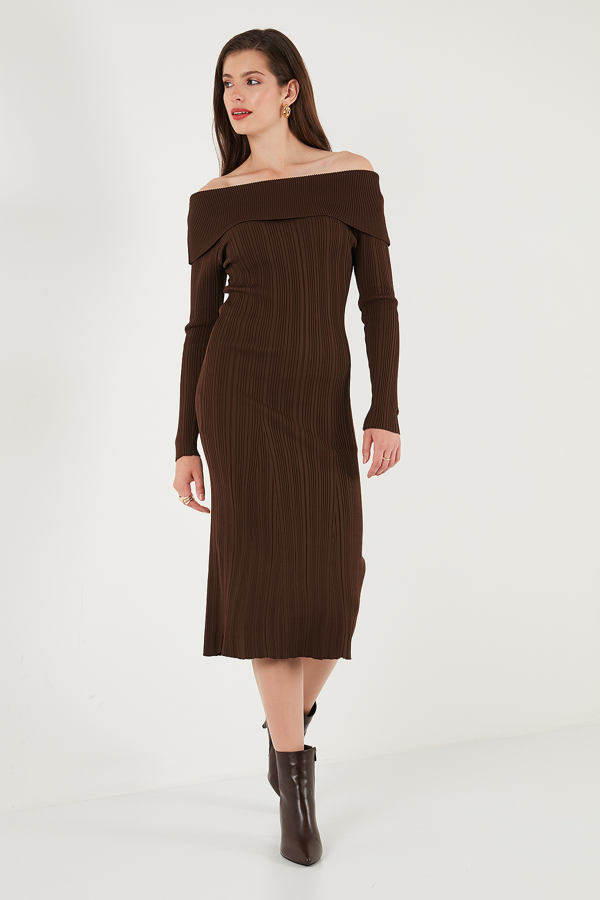 Lela Premium Fitilli Carmen Yaka Slim Fit Midi Boy Triko Elbise ELBİSE 680EL00033 görsel 3
