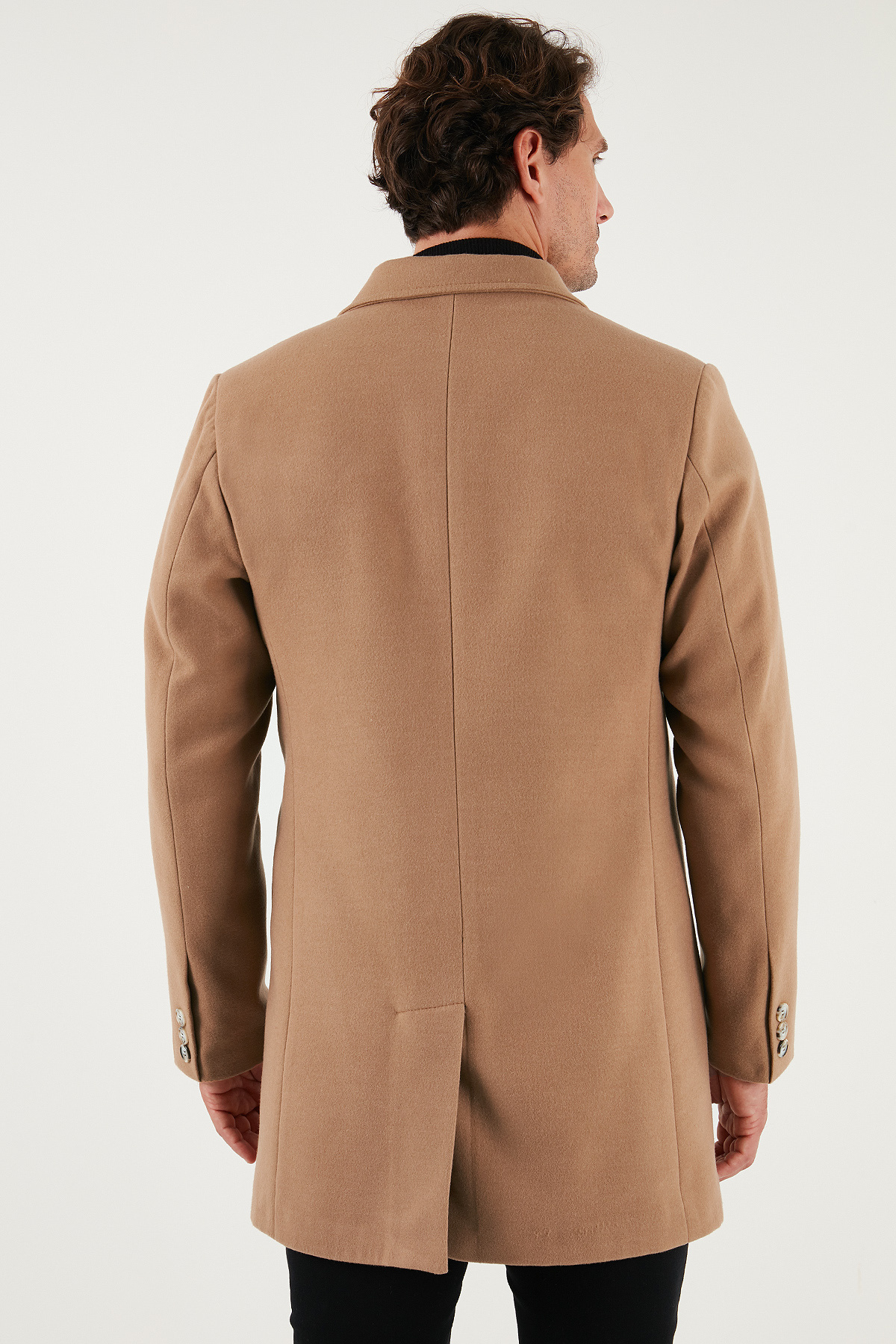 Slim Fit Tek Yırtmaçlı Düğmeli Mono Yaka Kaşe Kaban Erkek KABAN 5840098 — قهوه‌ای — تصویر 7 از 7