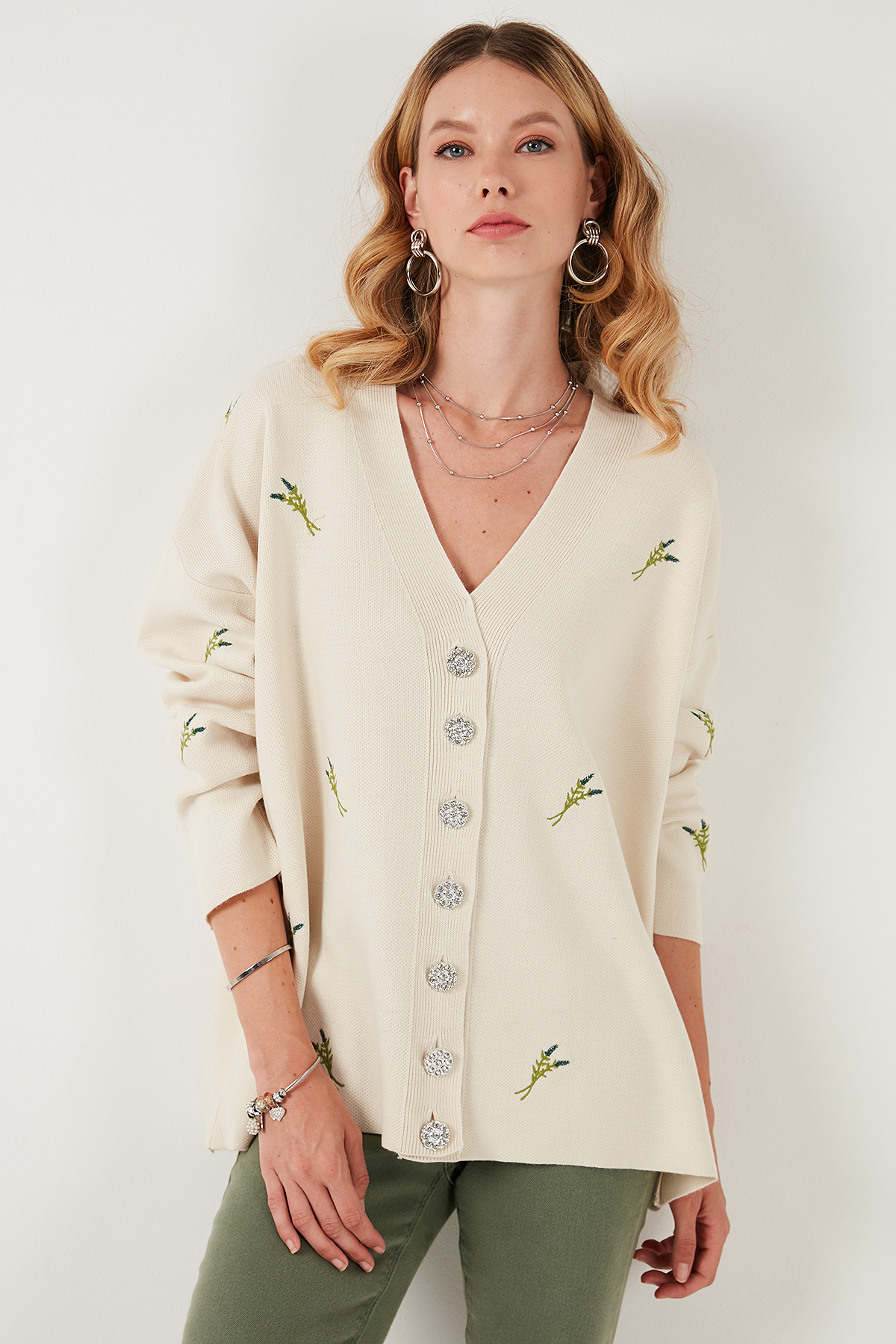 Lela Oversize Fit Desenli V Yaka Triko Hırka Hırka 4616193 görsel 4