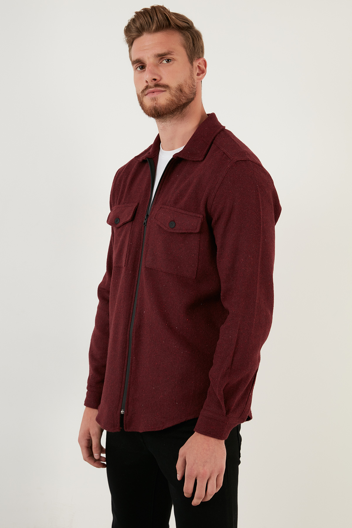 Çift Cepli Fermuarlı Slim Fit Kışlık Gömle Erkek Gömlek Cf21w112925 — زرشکی CF21W112925 — تصویر 4 از 7