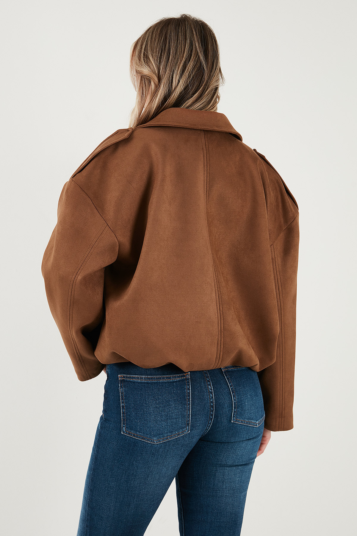 Lela Oversize Fit Klasik Yaka Süet Dokulu Bomber Ceket Mont MONT 6524932 görsel 7
