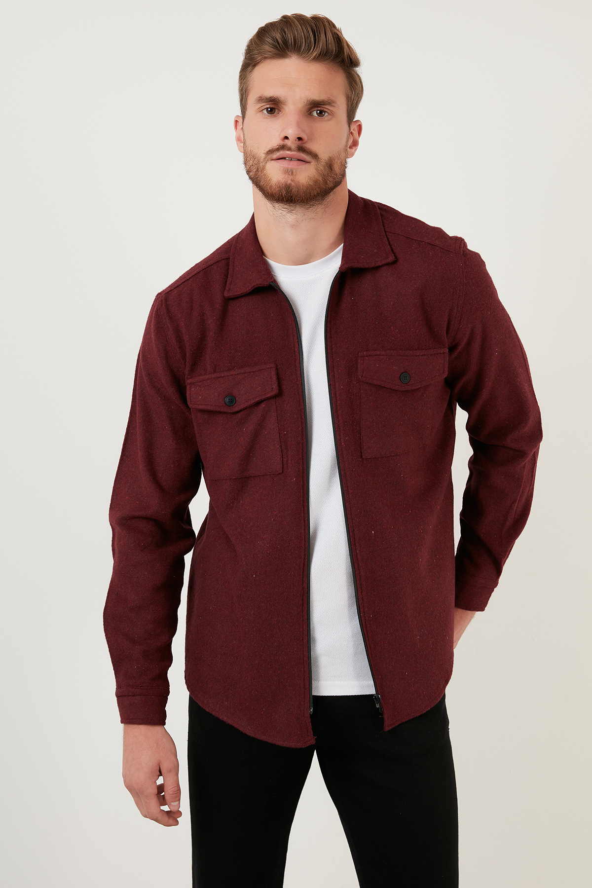 Çift Cepli Fermuarlı Slim Fit Kışlık Gömle Erkek Gömlek Cf21w112925 — زرشکی CF21W112925 — تصویر 7 از 7