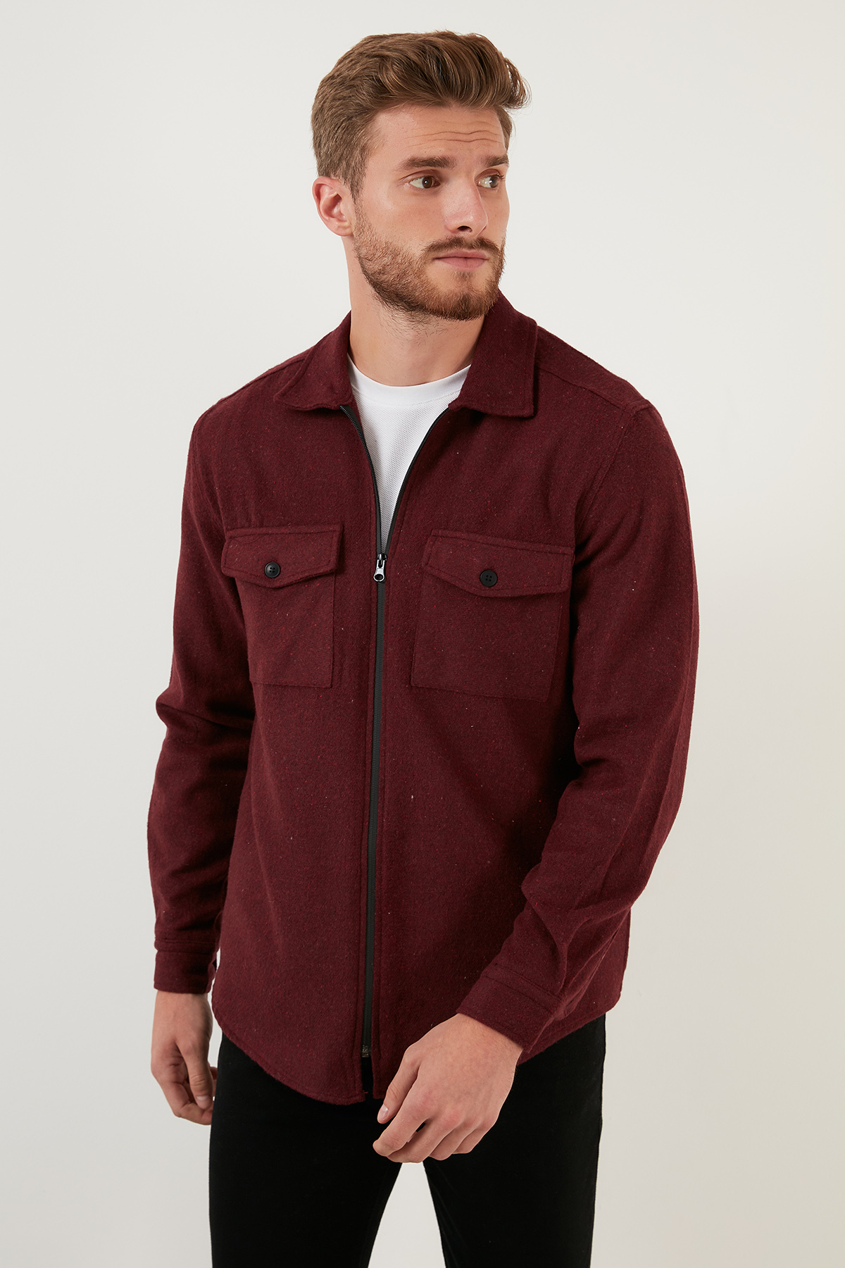 Çift Cepli Fermuarlı Slim Fit Kışlık Gömle Erkek Gömlek Cf21w112925 — زرشکی CF21W112925 — تصویر 2 از 7