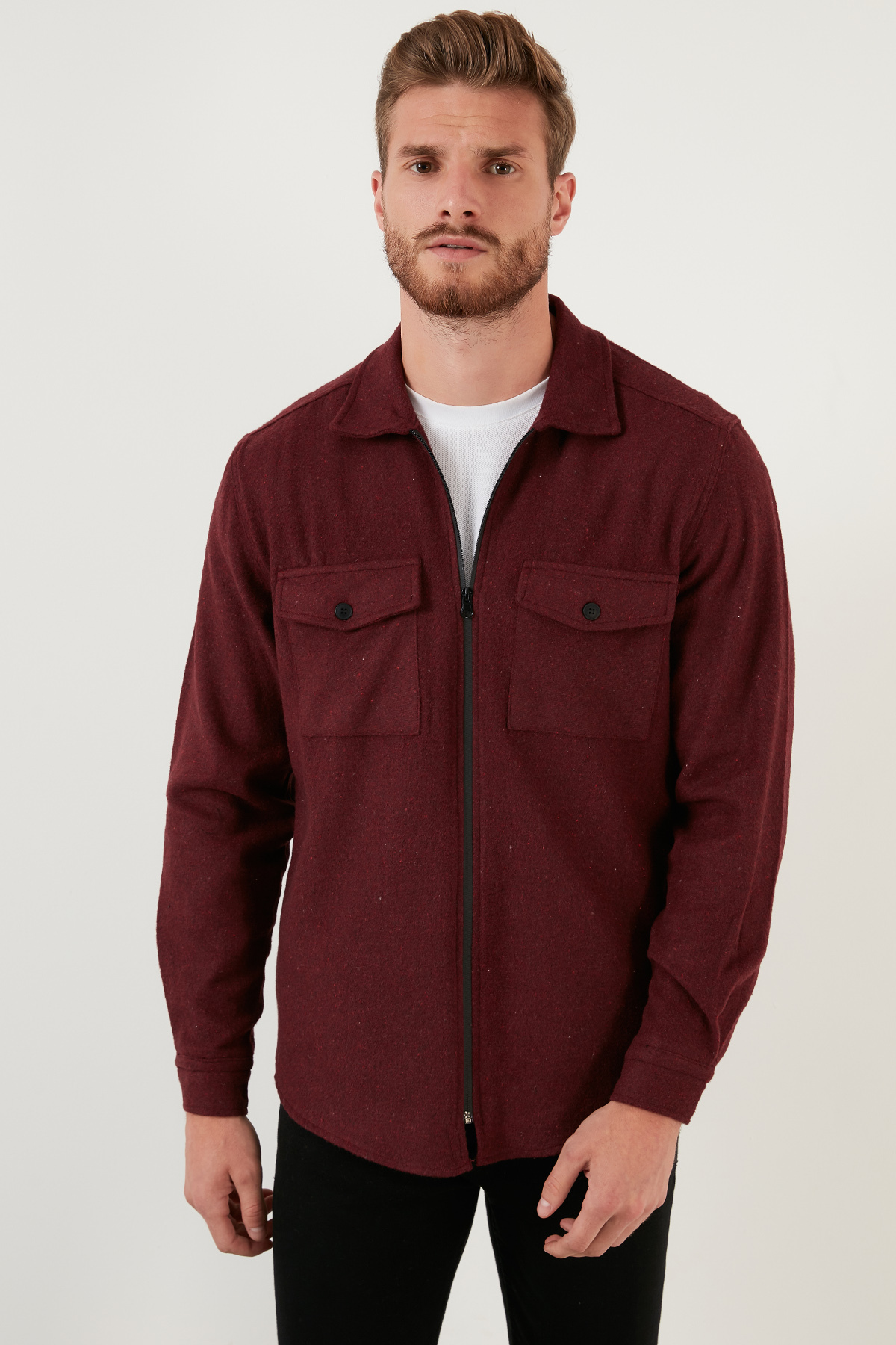 Çift Cepli Fermuarlı Slim Fit Kışlık Gömle Erkek Gömlek Cf21w112925 — زرشکی CF21W112925 — تصویر 6 از 7