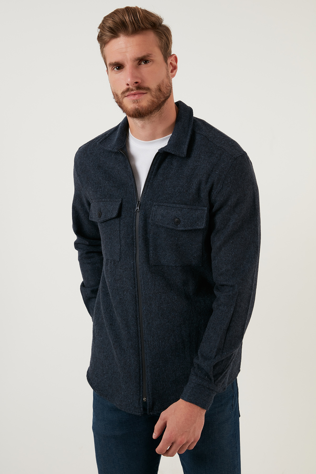 Buratti Erkek Lacivert Çift Cepli Fermuarlı Slim Fit Kışlık Gömlek Cf21w112925 görsel 7