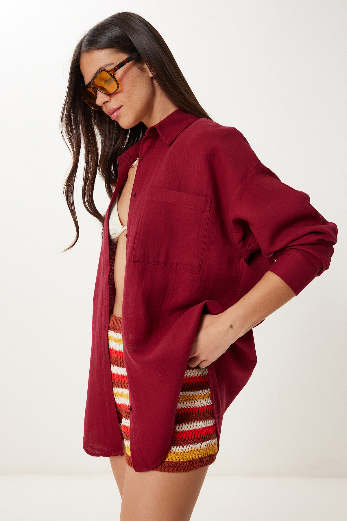 Lovelyİstanbul Oversize Basic Müslin Gömlek BORDO LMX0002 görsel 3