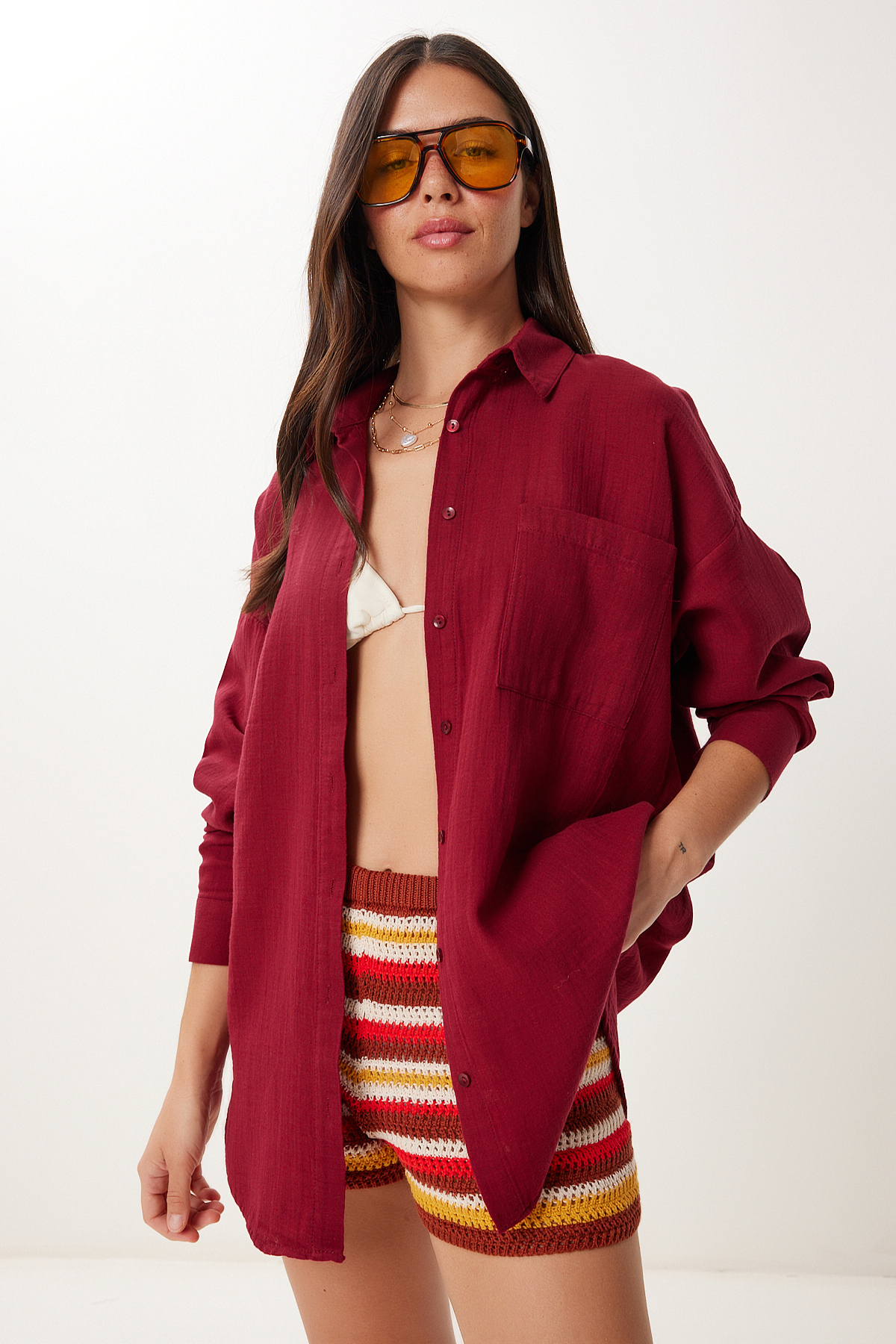 Lovelyİstanbul Oversize Basic Müslin Gömlek BORDO LMX0002 görsel 2