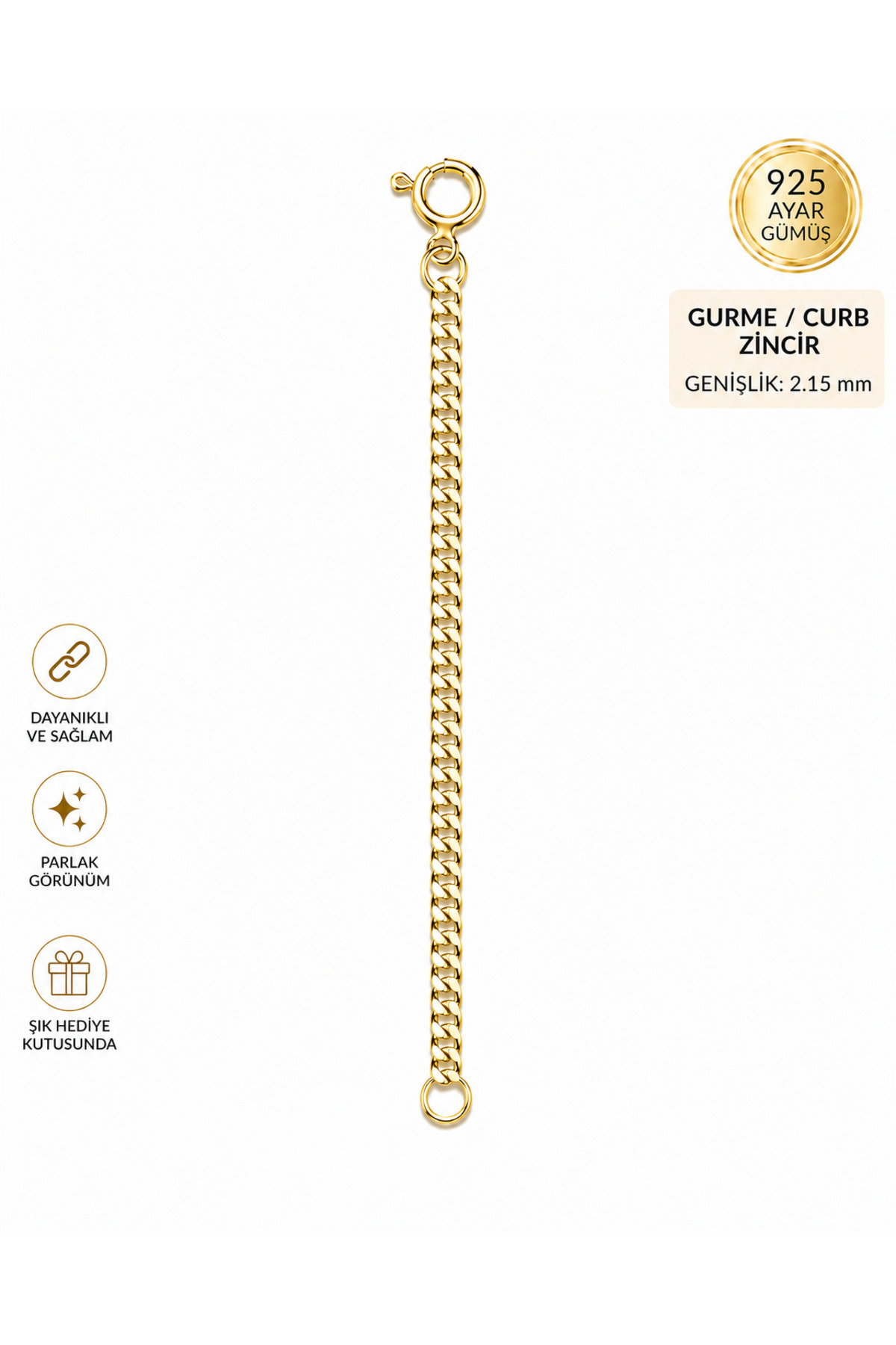 TAKI USTASI Gurme Curb Uzatma Zinciri Gold, 925 Ayar Gümüş 2,15 mm Kolye Bileklik Halhal Uzatma Aparatı
