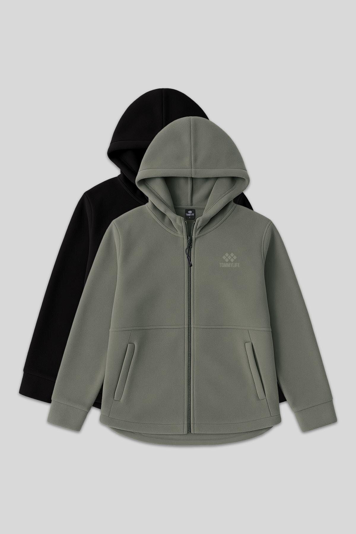TOMMY LIFE Rahat Form Kapüşonlu 2li Paket Siyah-Çağla Kadın Polar Sweatshirt - 97233