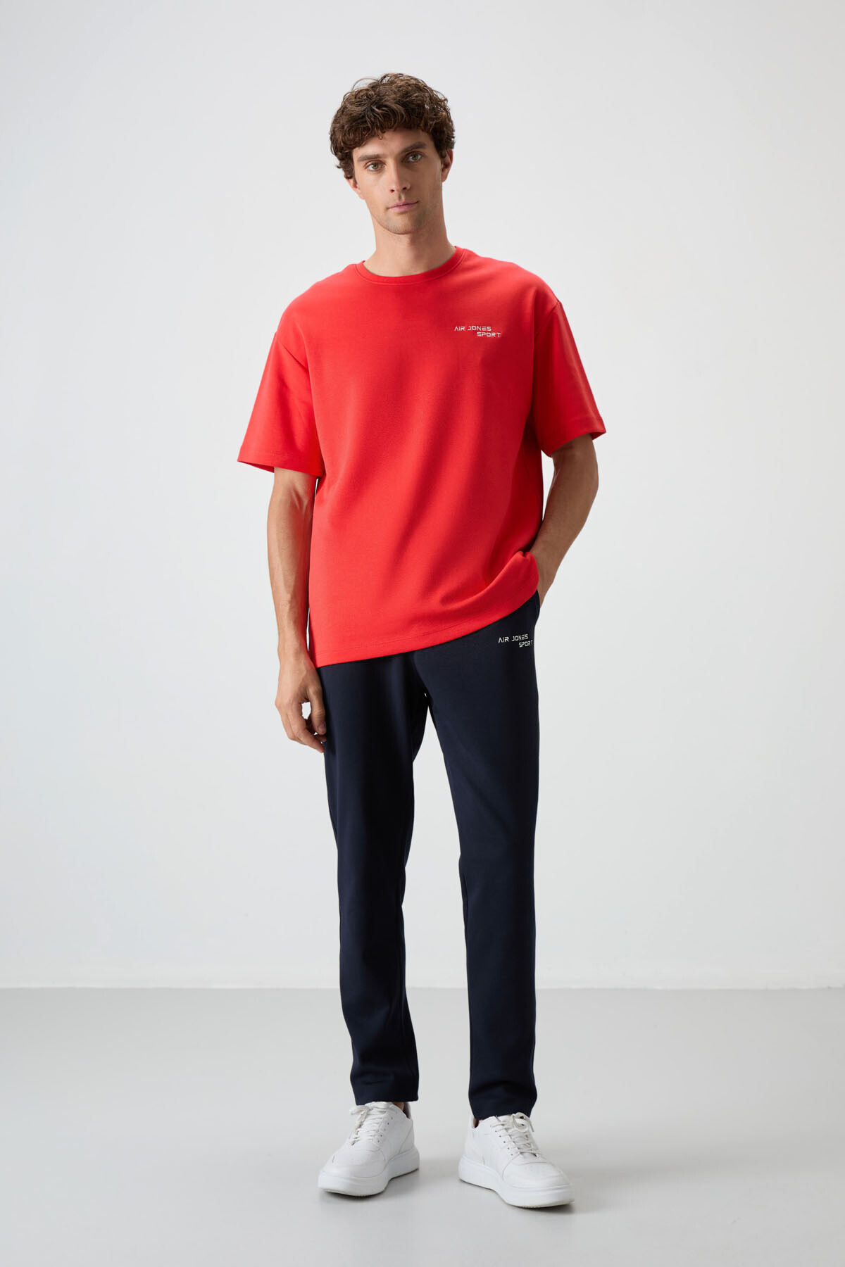 Fiesta - Lacivert Pamuklu Kalın Yumuşak Dokulu Oversize Fit Nakışlı Erkek Eşofman Takım - 85252 — قرمز A15ER-85252