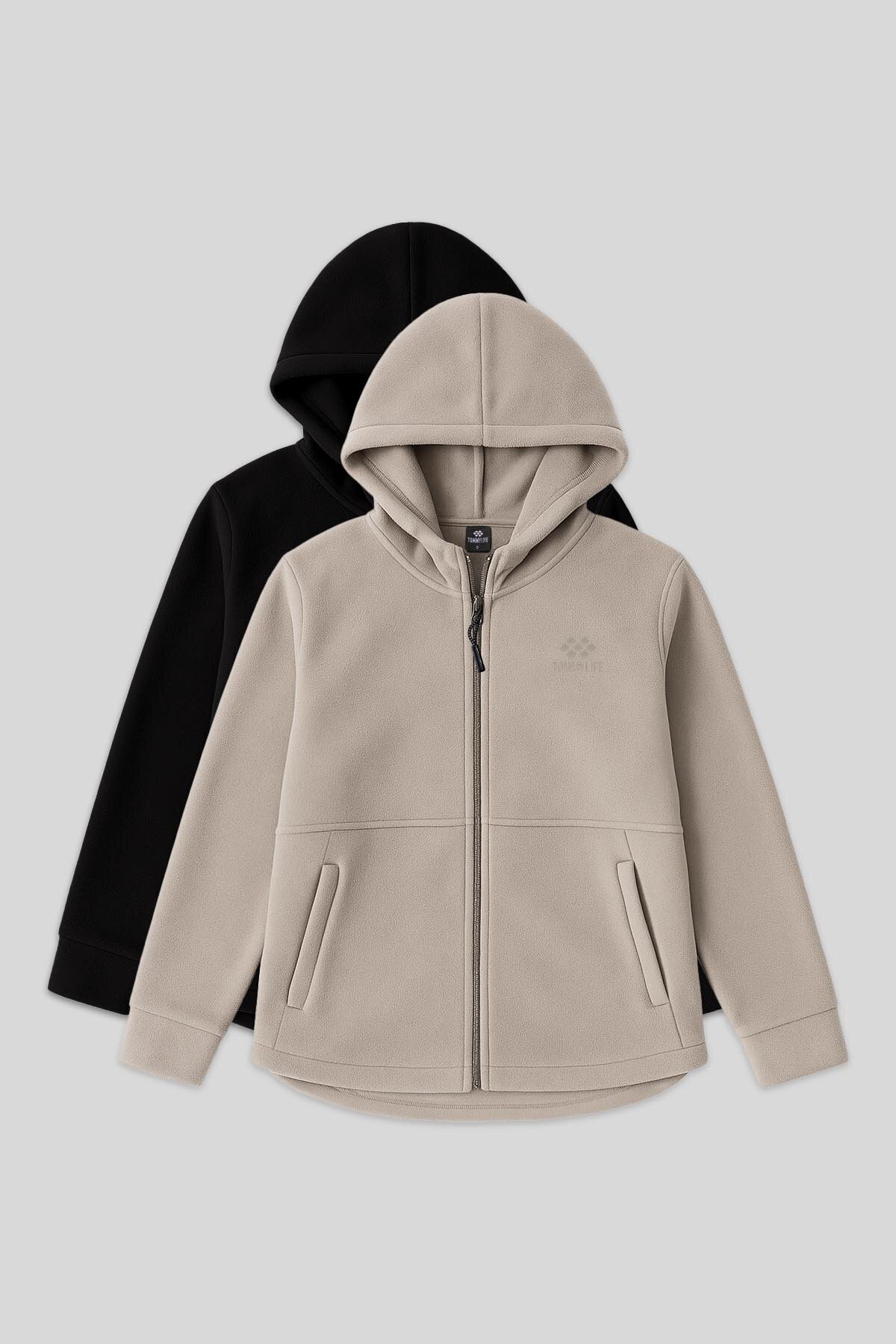 TOMMY LIFE Rahat Form Kapüşonlu 2li Paket Siyah-Koyu Bej Kadın Polar Sweatshirt - 97233
