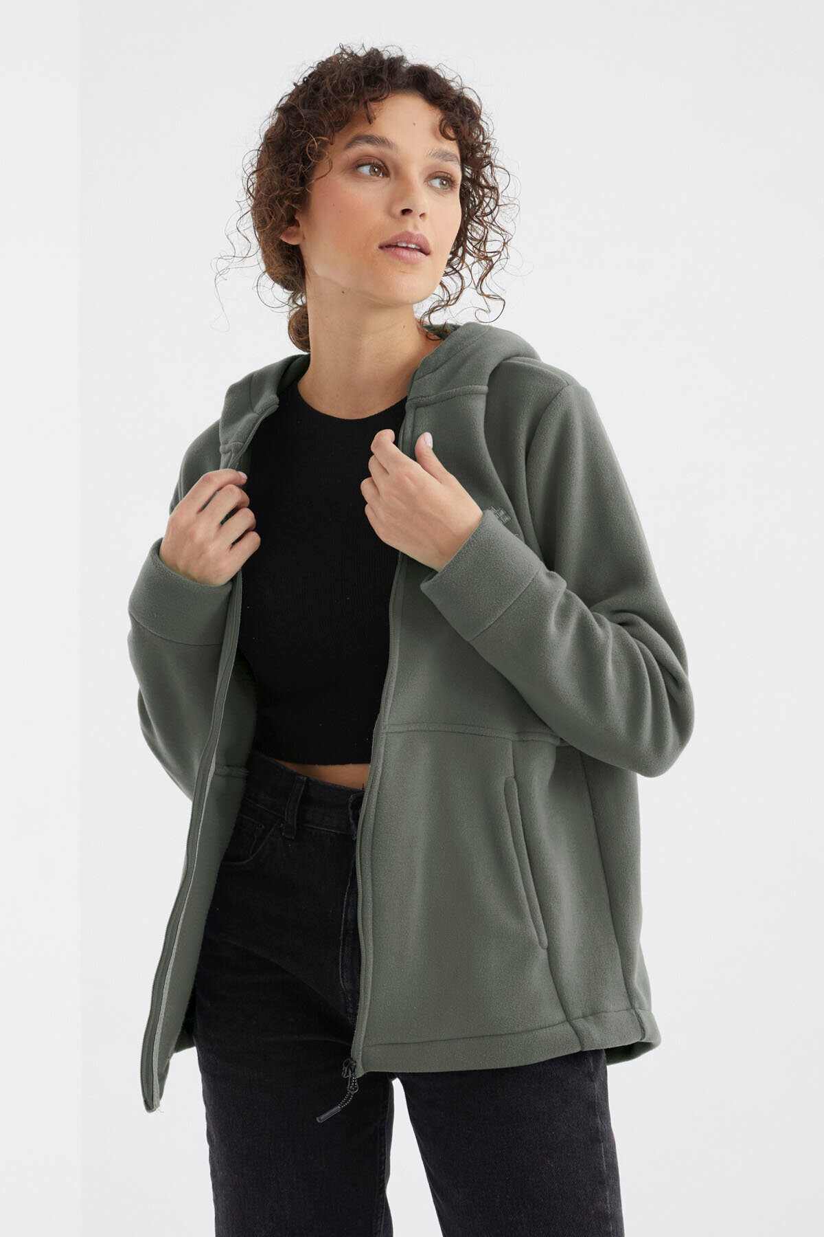 TOMMY LIFE Çağla Kapüşonlu Fermuarlı Rahat Form Kadın Polar Sweatshirt - 97233