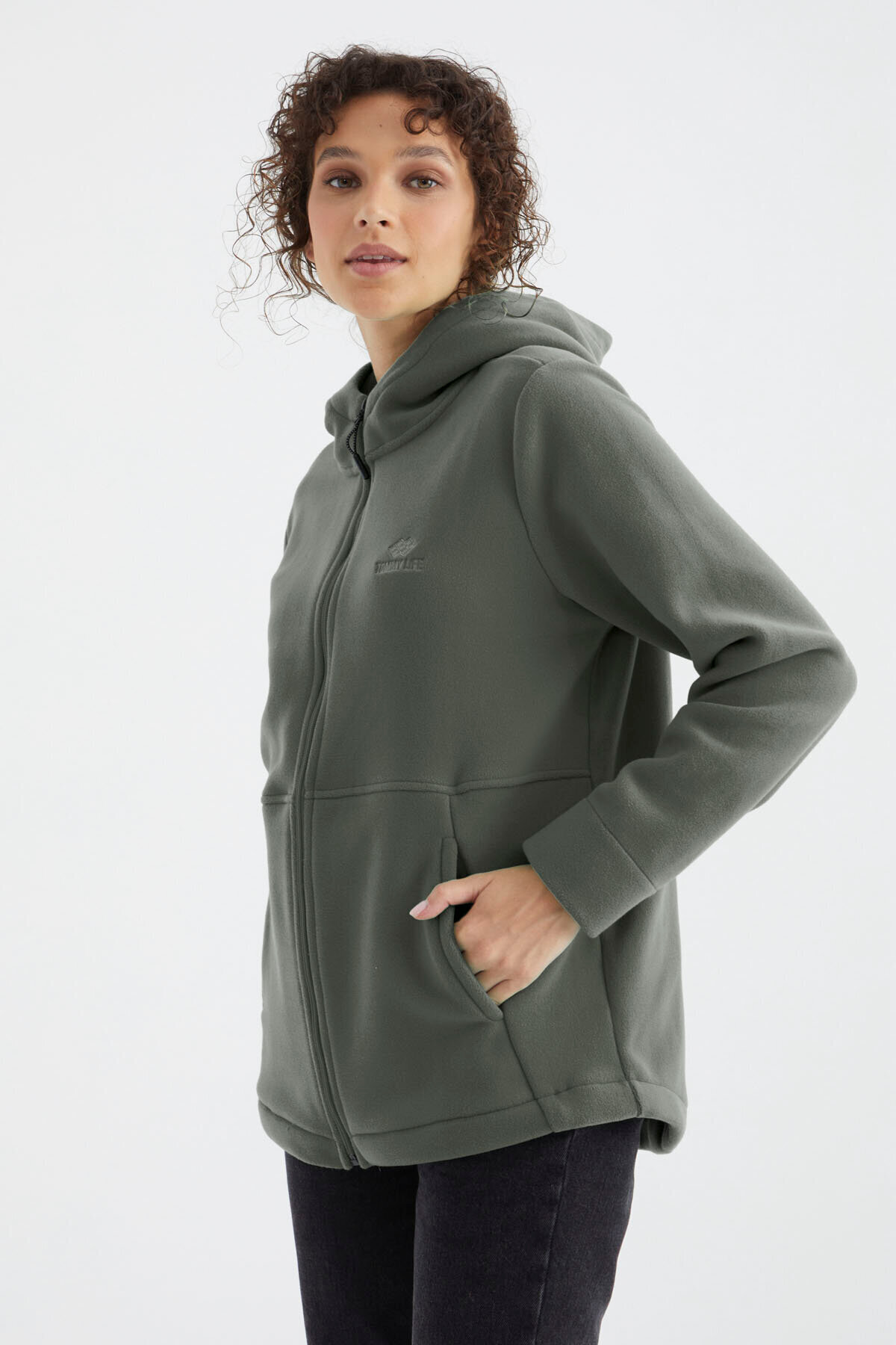TOMMY LIFE Çağla Kapüşonlu Fermuarlı Rahat Form Kadın Polar Sweatshirt - 97233 görsel 3