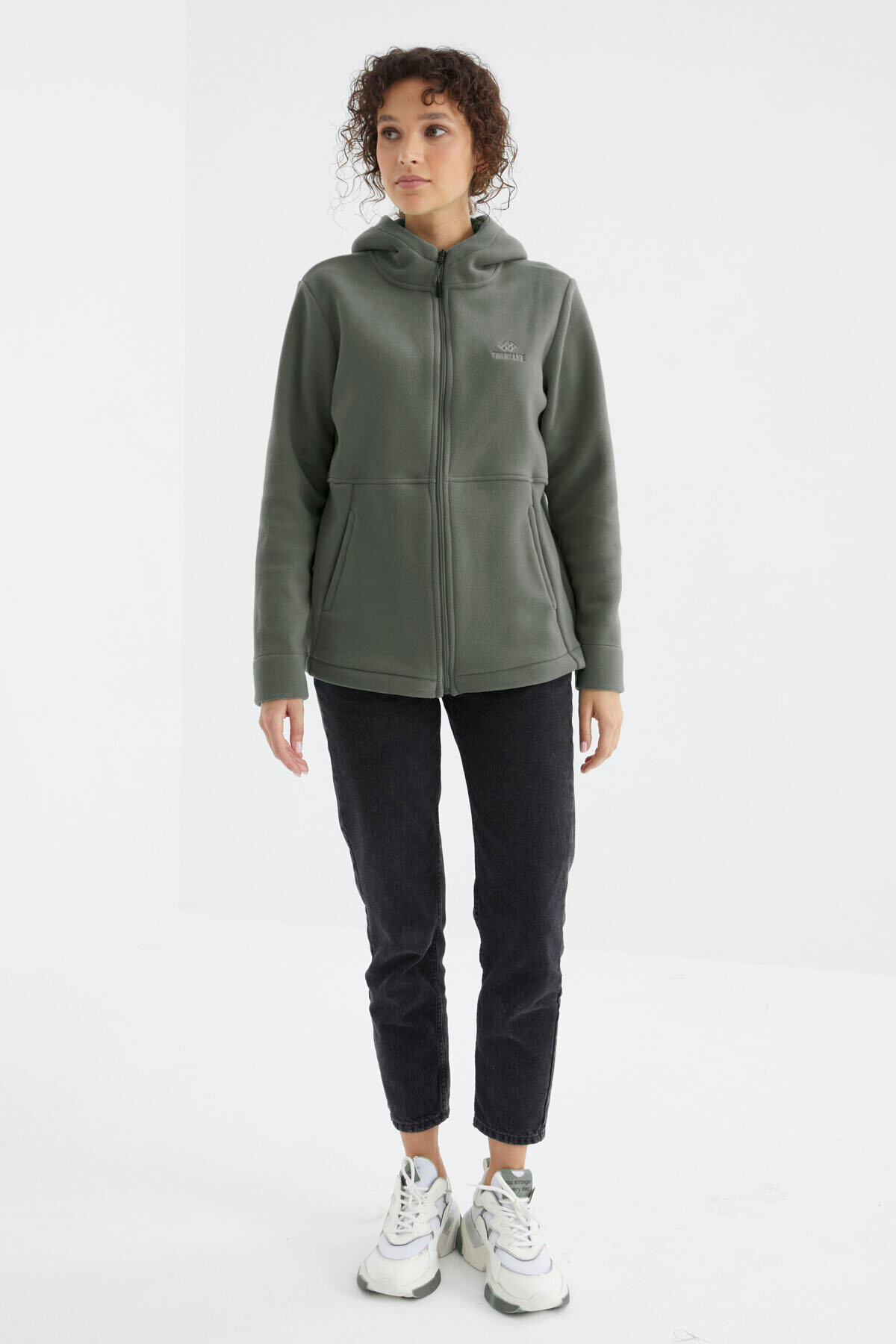 TOMMY LIFE Çağla Kapüşonlu Fermuarlı Rahat Form Kadın Polar Sweatshirt - 97233 görsel 4