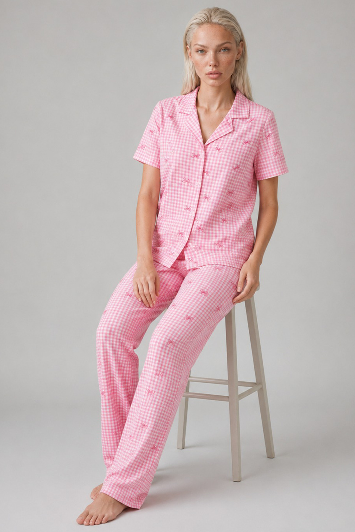 FİT WOMEN Plaid Bowknot Pattern Short Sleeve Pajamas Set Women's Buttoned Long Bottom Pink Pajamas Set 4633