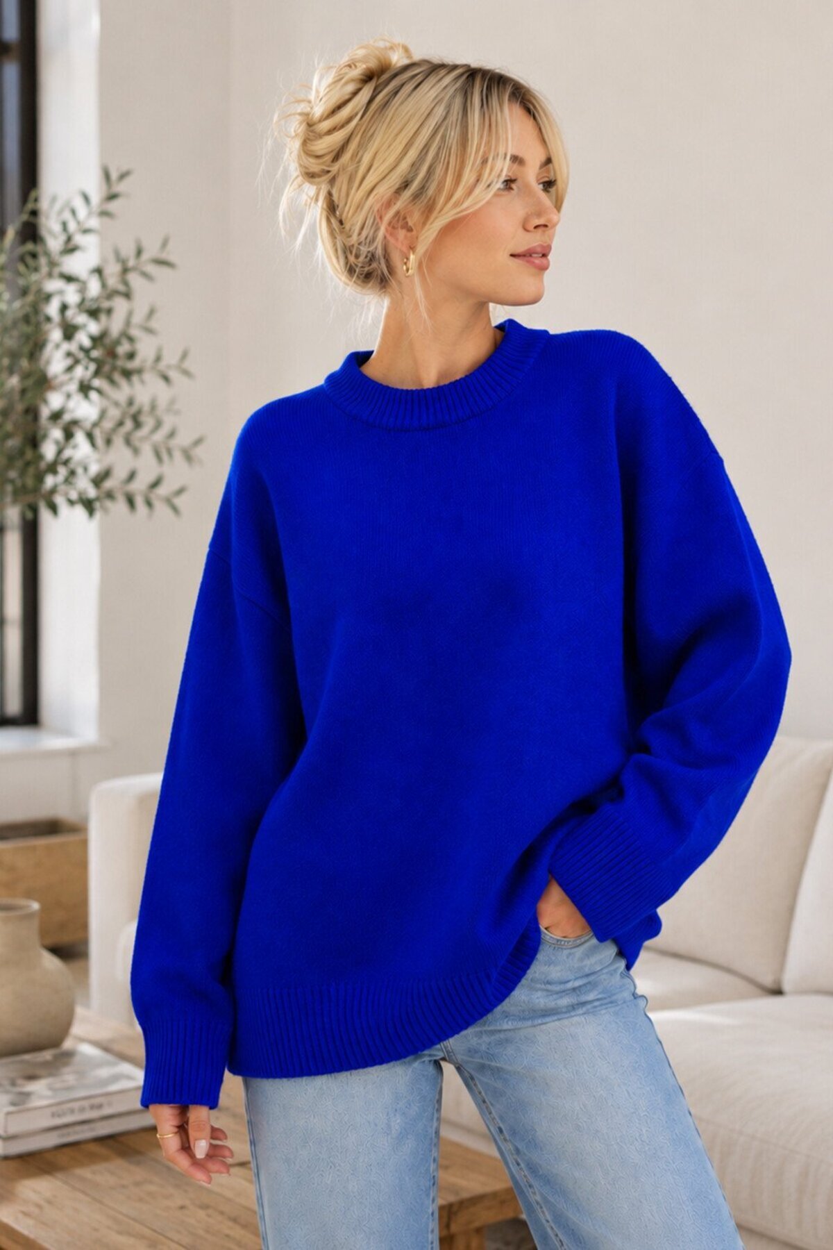 Abruzzo Saks Mavi Bisiklet Yaka Oversize Kadın Triko Kazak görsel 3