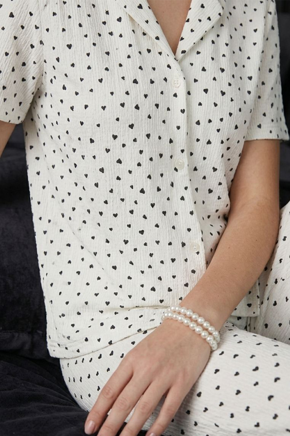 FİT WOMEN Siyah Kalp Detaylı Bürümçük kumaş Kısa Kollu Pijama Takımı 6066 görsel 3