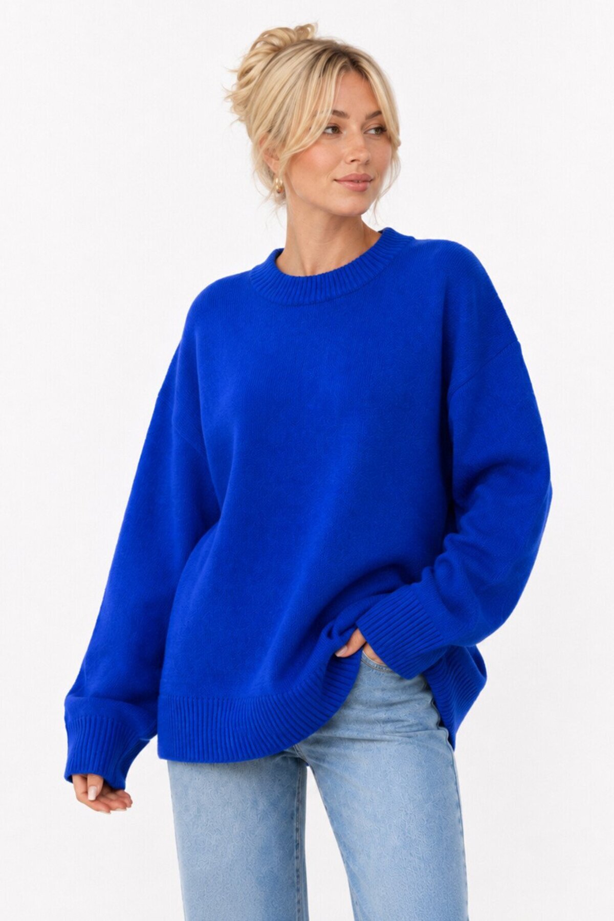 Abruzzo Saks Mavi Bisiklet Yaka Oversize Kadın Triko Kazak görsel 4