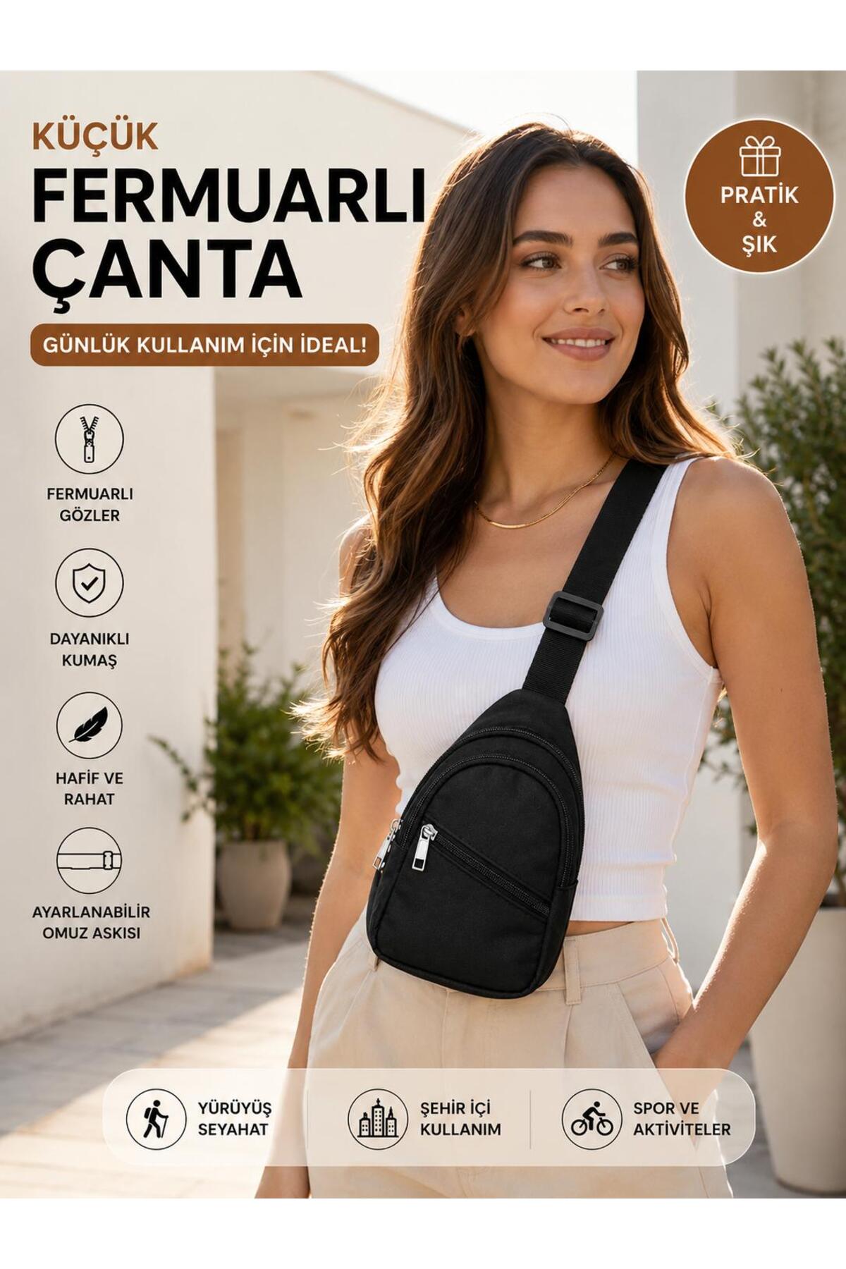 Sofia Unisex 3 Fermuarlı Siyah Hediyelik Üniversitelilere Uygun Günlük Yürüyüş Body Bag Omuz Bel Çantası