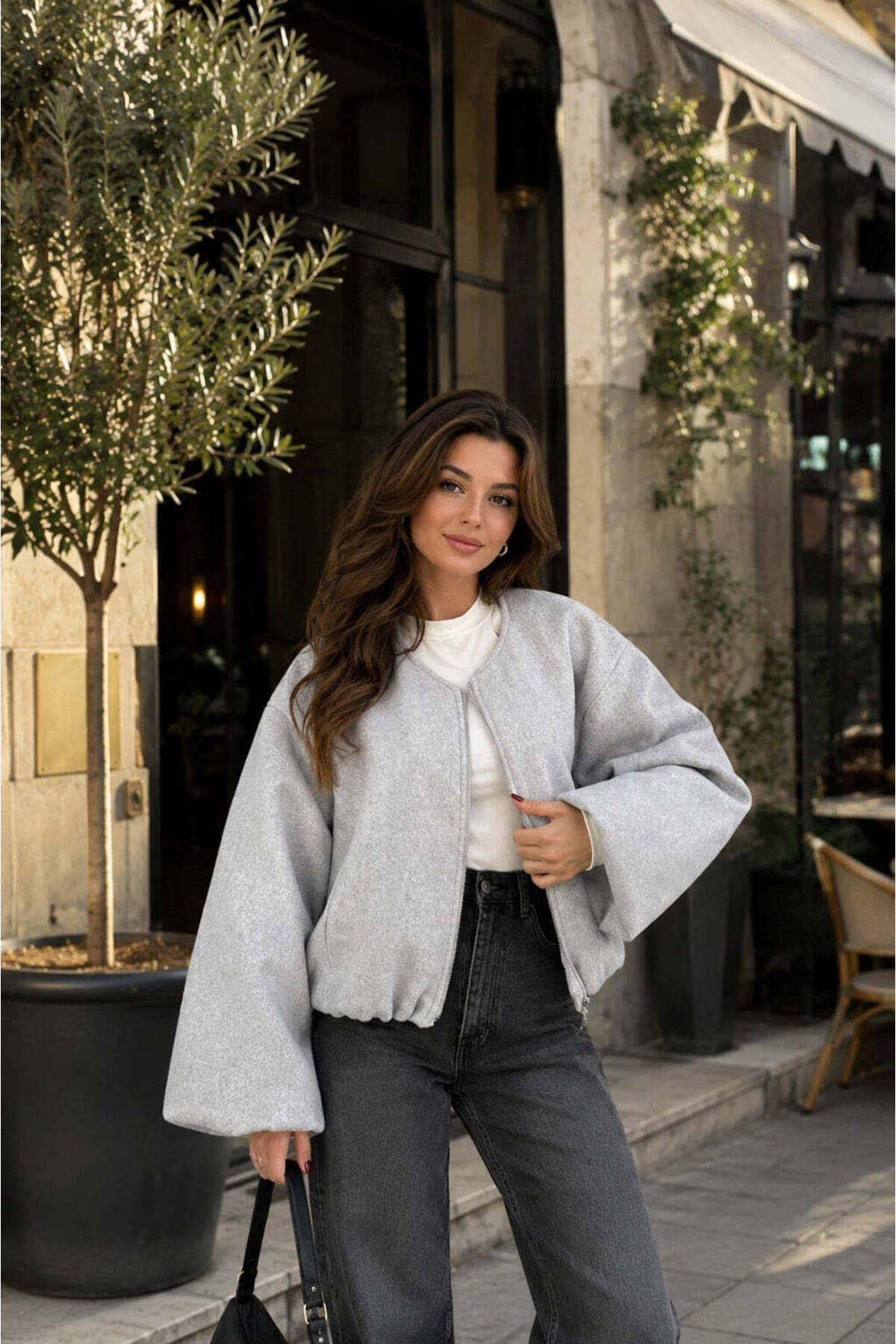 unika boutique Kadın Kaşe Kumaş Bomber Ceket görsel 3