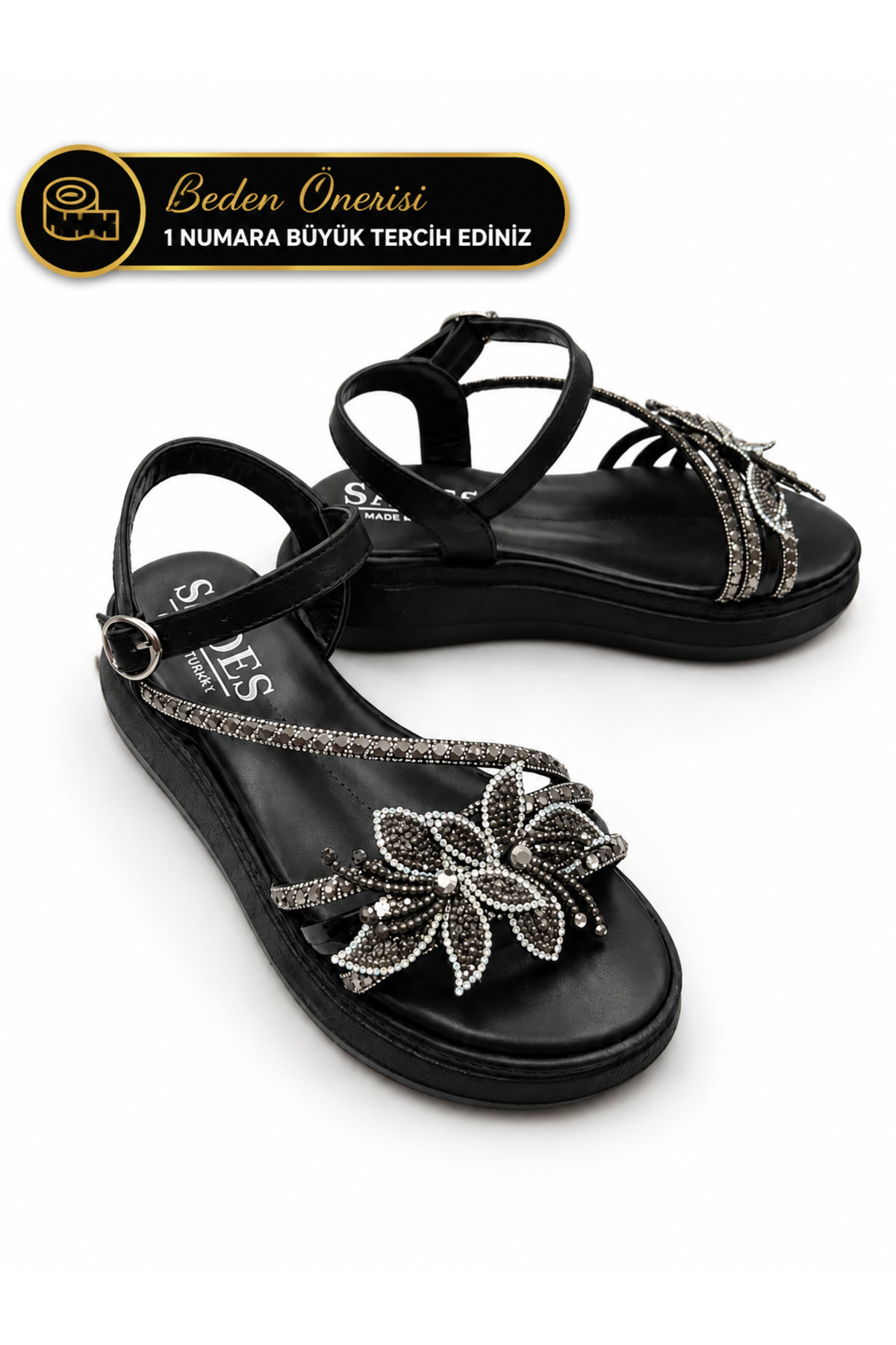 Teksoy M&R Yorguner Modern Fantazi Tasarım: Kadın Taşlı Sandalet Premium Kalite Işıltılı Çiçek Detaylı Ortopedik Dolgu Kalın Tabanlı Şık & Günlük Yazlık Sandalet