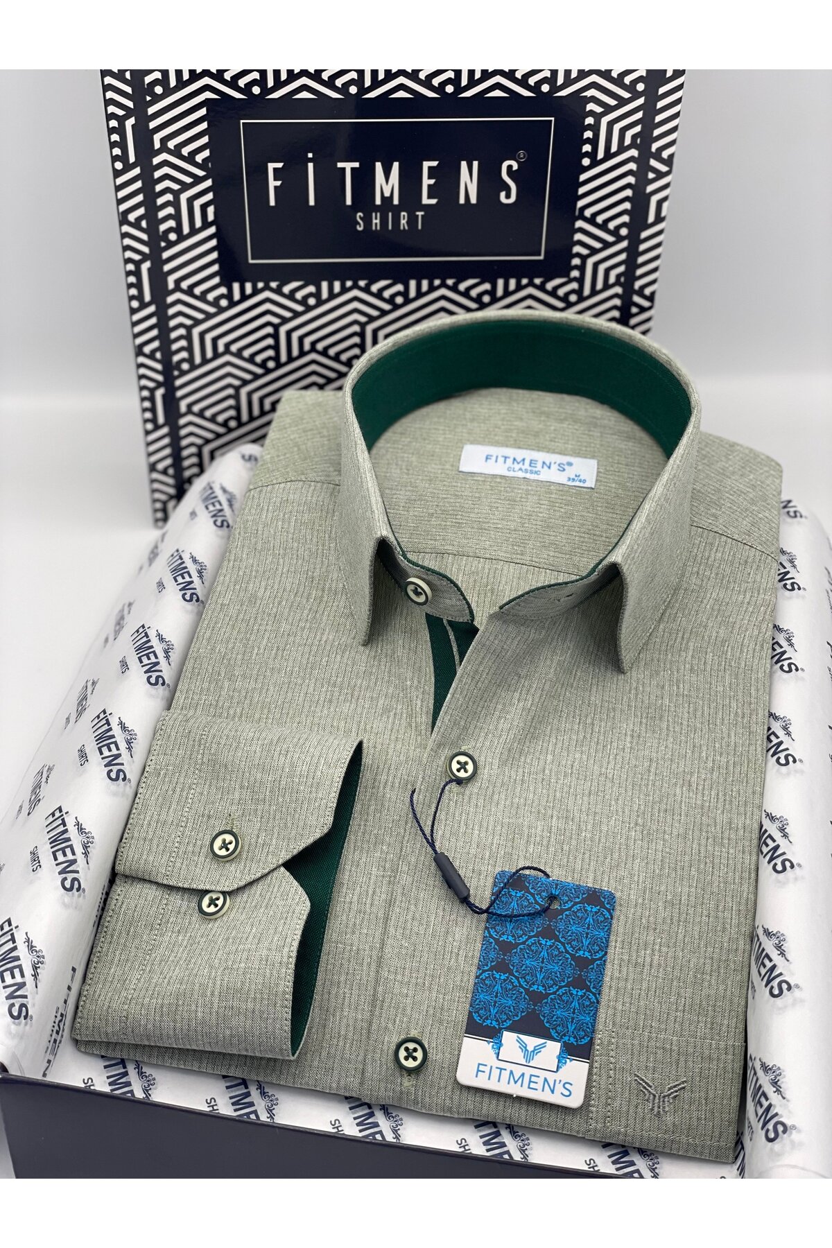 Fitmens Klasik Uzun Kol Keten Cotton Hediye Kutulu Erkek Gömlek FS-001261 - Yeşil