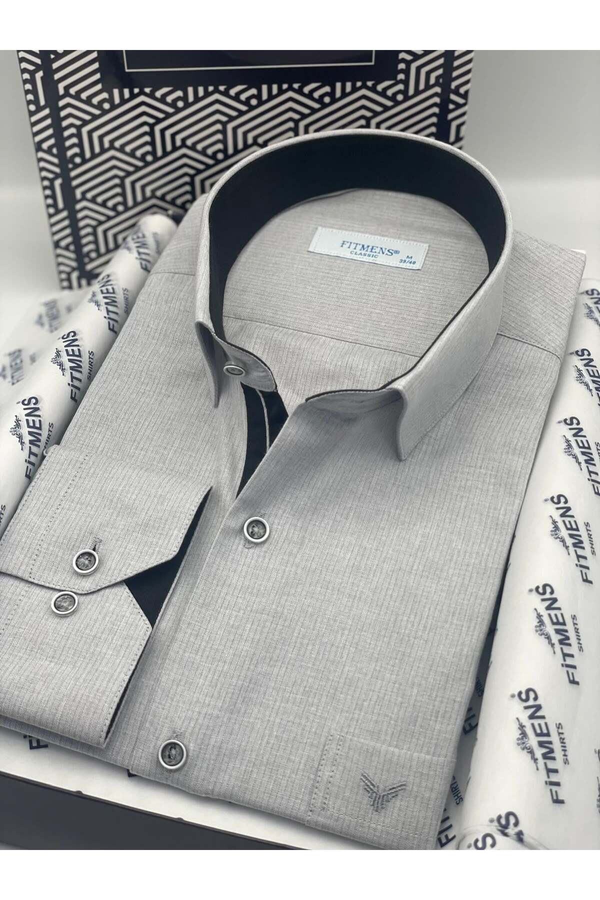 Klasik Uzun Kol Keten Cotton Hediye Kutulu Erkek Gömlek FS-001261 - Açık Gri — خاکستری — تصویر 4 از 5