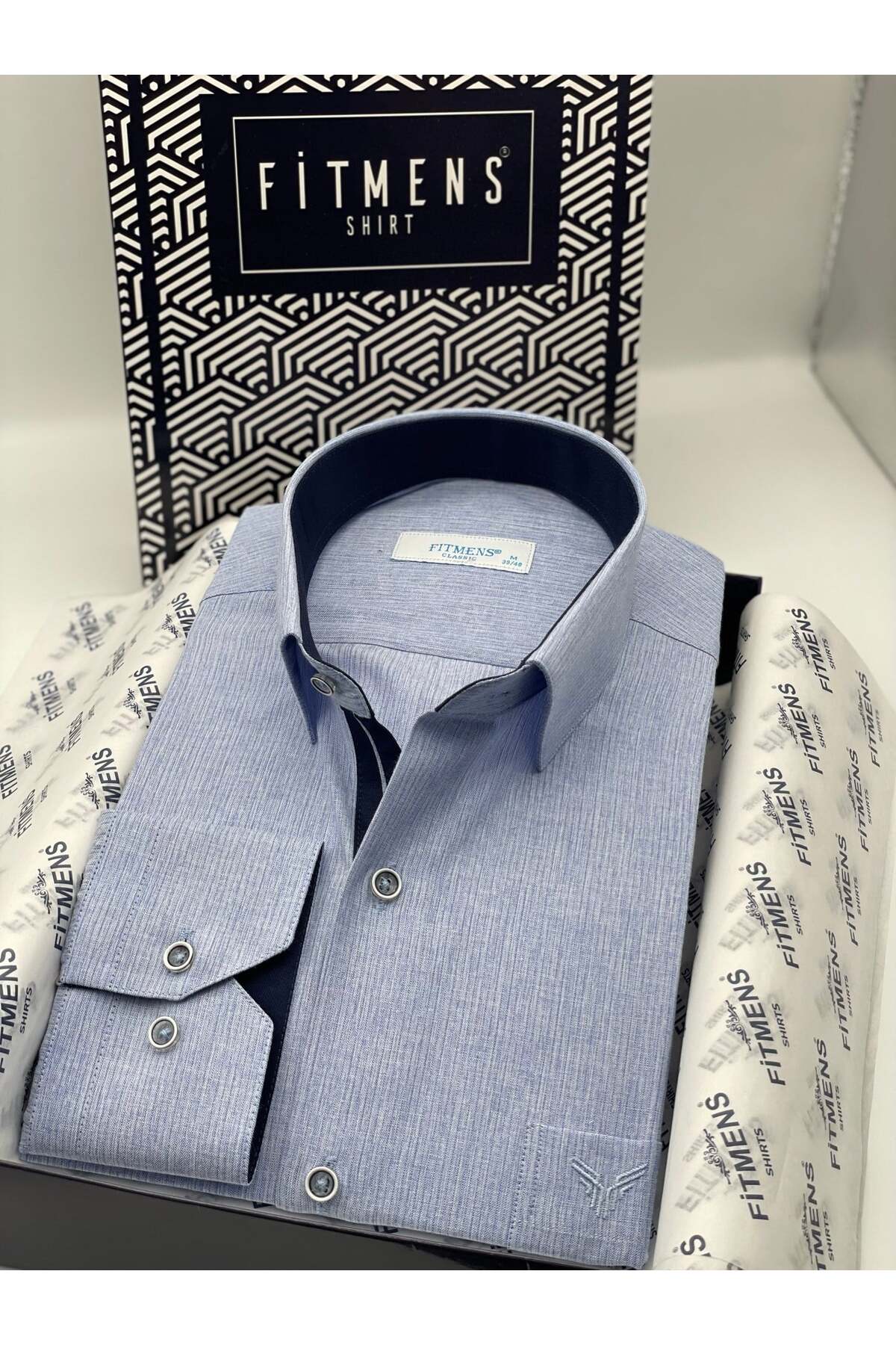 Fitmens Klasik Uzun Kol Keten Cotton Hediye Kutulu Erkek Gömlek FS-001261 - Mavi