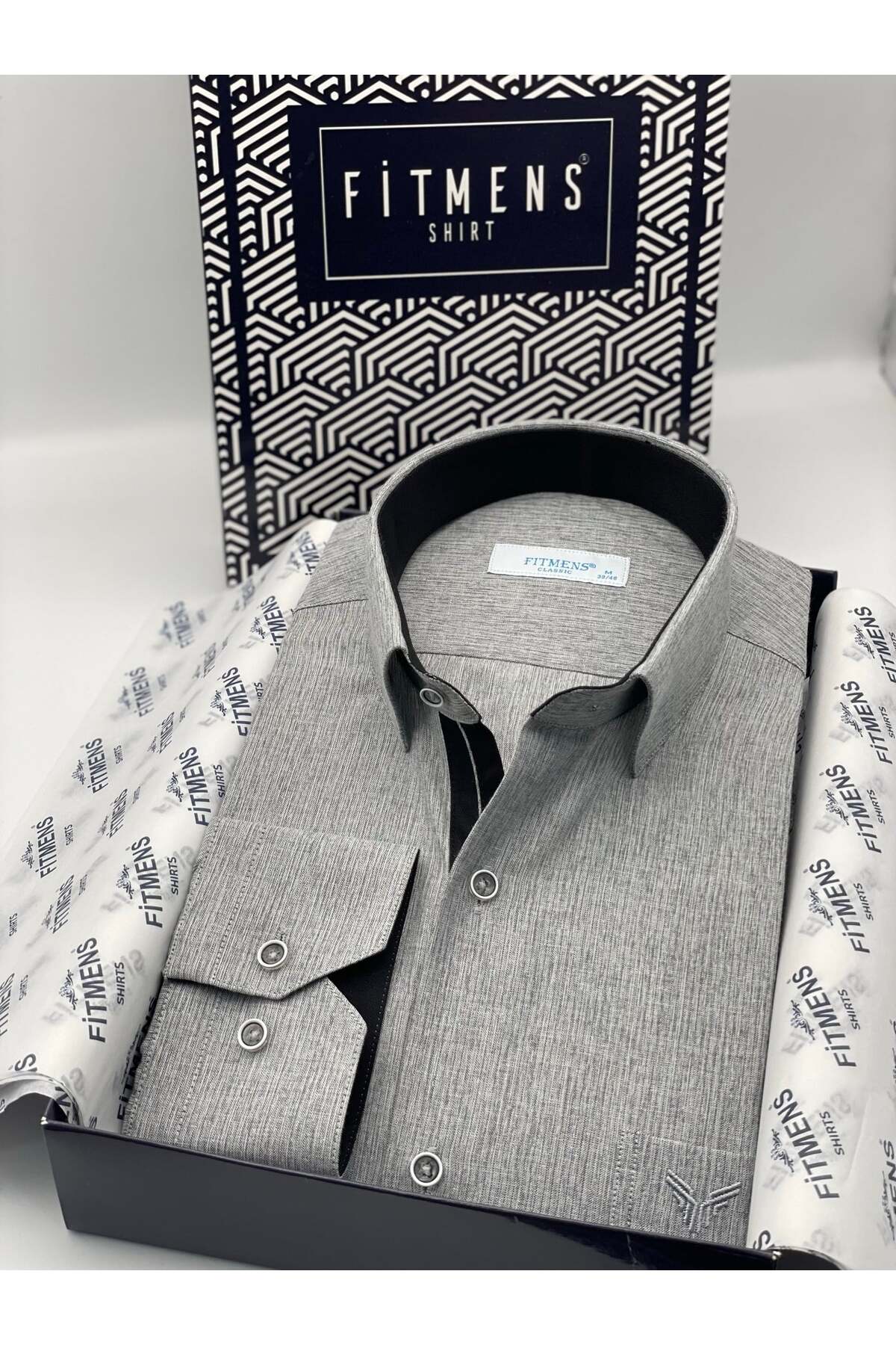 Fitmens Klasik Uzun Kol Keten Cotton Hediye Kutulu Erkek Gömlek FS-001261 - Koyu Gri