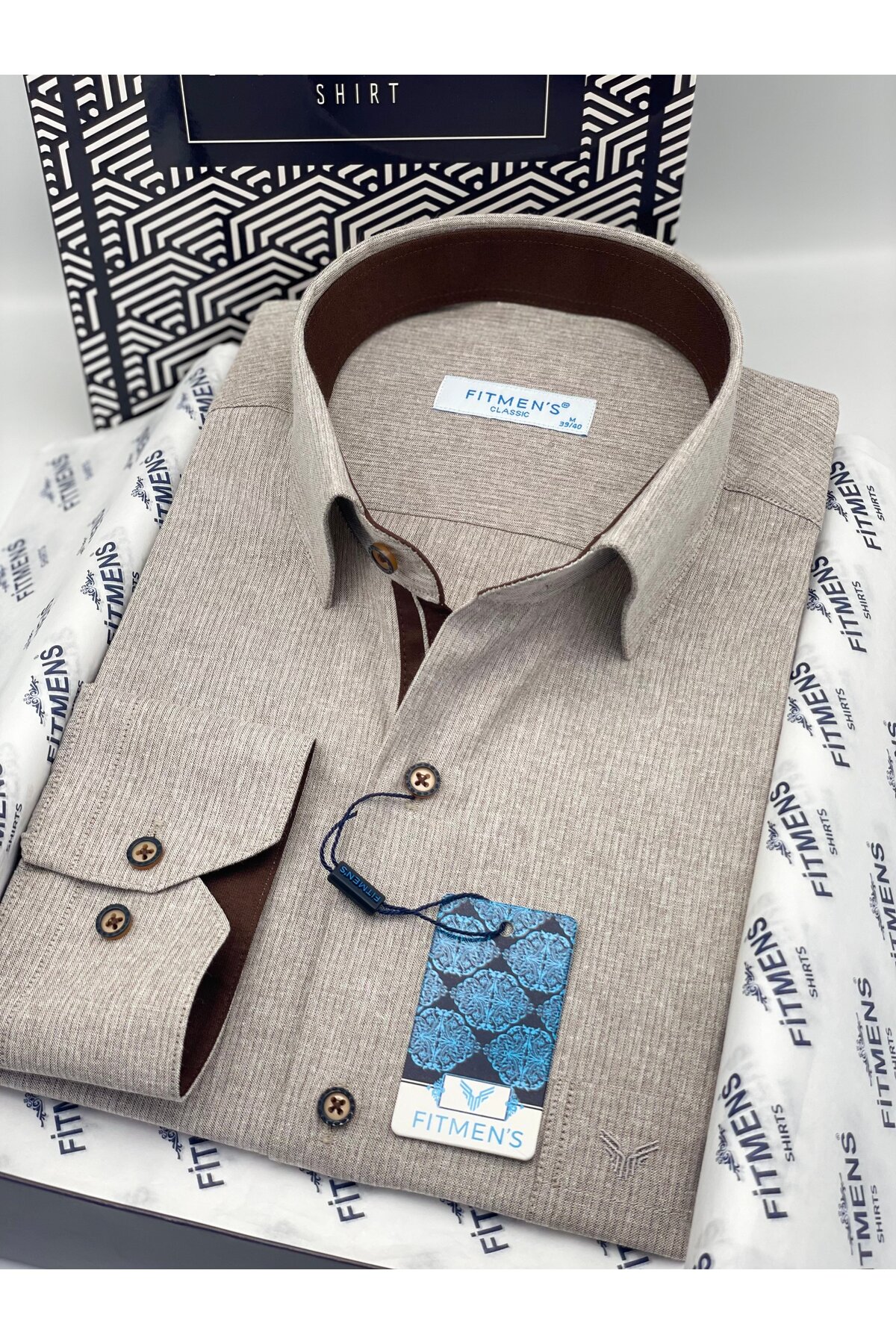 Klasik Uzun Kol Keten Cotton Hediye Kutulu Erkek Gömlek FS-001261 - Bej — بژ — تصویر 5 از 9
