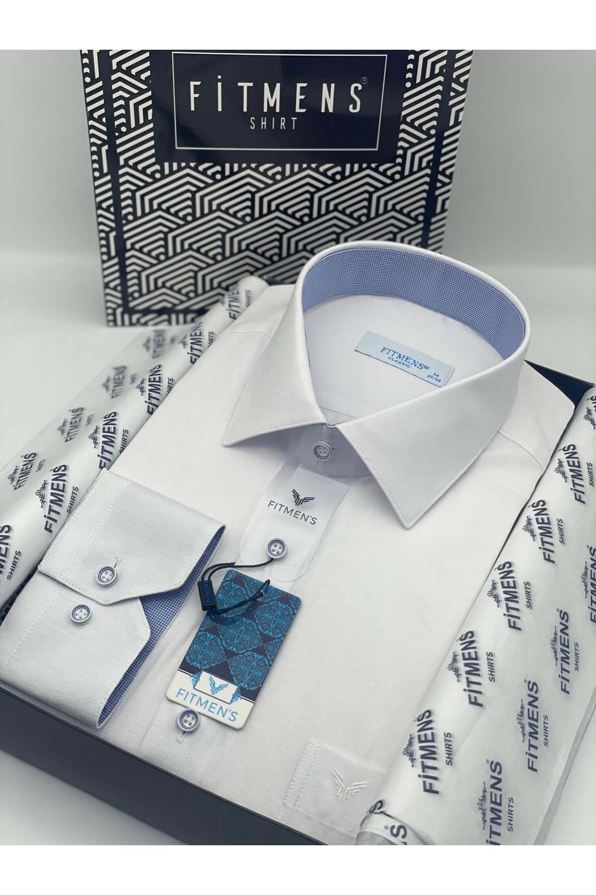 Klasik Uzun Kol Keten Cotton Hediye Kutulu Erkek Gömlek FS-001261 - Beyaz Açık Mavi — سفید
