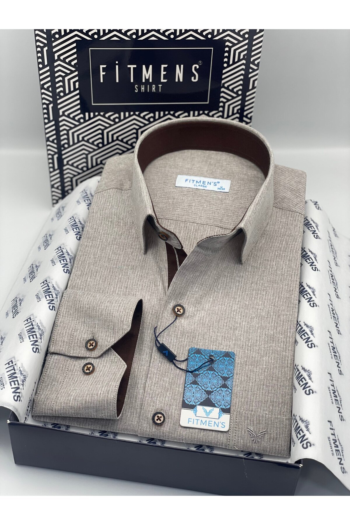 Klasik Uzun Kol Keten Cotton Hediye Kutulu Erkek Gömlek FS-001261 - Bej — بژ — تصویر 8 از 9