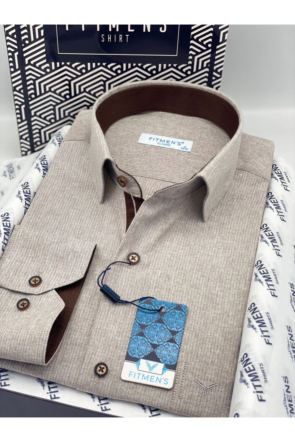 Klasik Uzun Kol Keten Cotton Hediye Kutulu Erkek Gömlek FS-001261 - Bej — بژ — تصویر 4 از 9