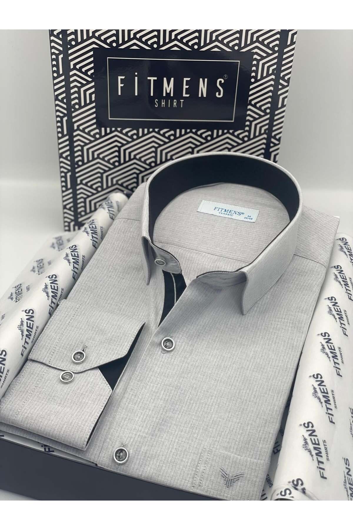 Klasik Uzun Kol Keten Cotton Hediye Kutulu Erkek Gömlek FS-001261 - Açık Gri — خاکستری