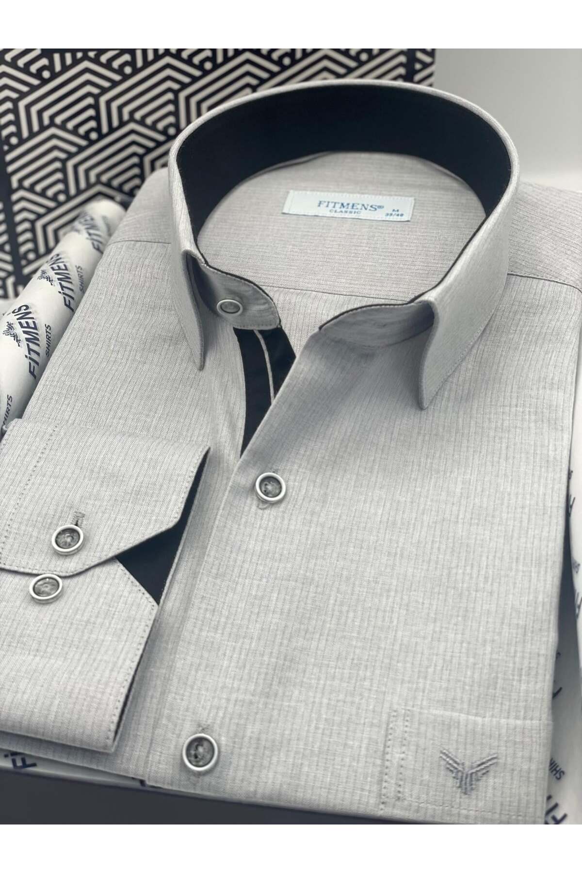 Klasik Uzun Kol Keten Cotton Hediye Kutulu Erkek Gömlek FS-001261 - Açık Gri — خاکستری — تصویر 3 از 5