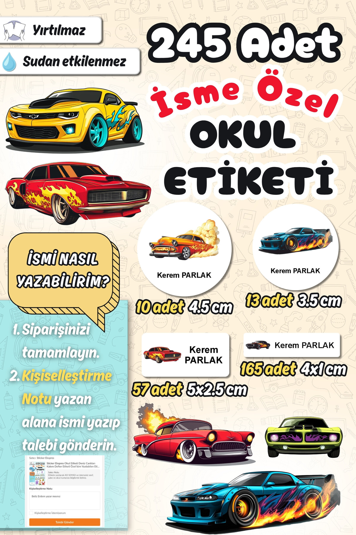 Sticker Ekspres Okul Etiketi Yarış Arabaları Kalem Defter Etiketi