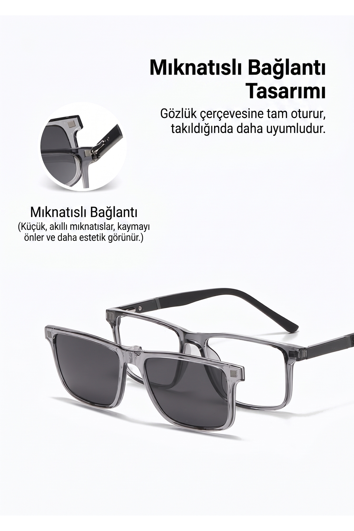 FIVIONT 5+1 Manyetik Klipsli Polarize Gözlük Seti, Şeffaf Gri Dikdörtgen Optik Çerçeve, 5 Değiştirilebilir Renkli Güneş Klipsi, Unisex görsel 8