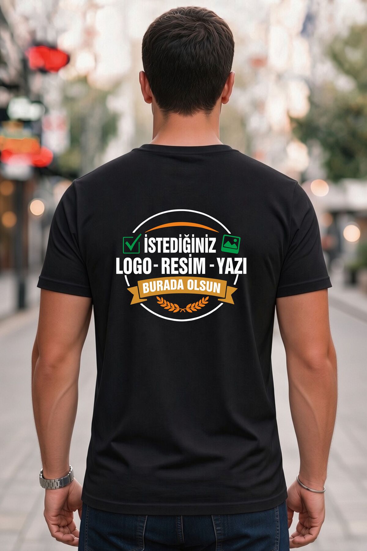 AFMAT Atölye Kişiye Özel Baskılı Siyah Tişört Logo Resim Yazı Baskılı Unisex Pamuklu Bisiklet Yaka görsel 2