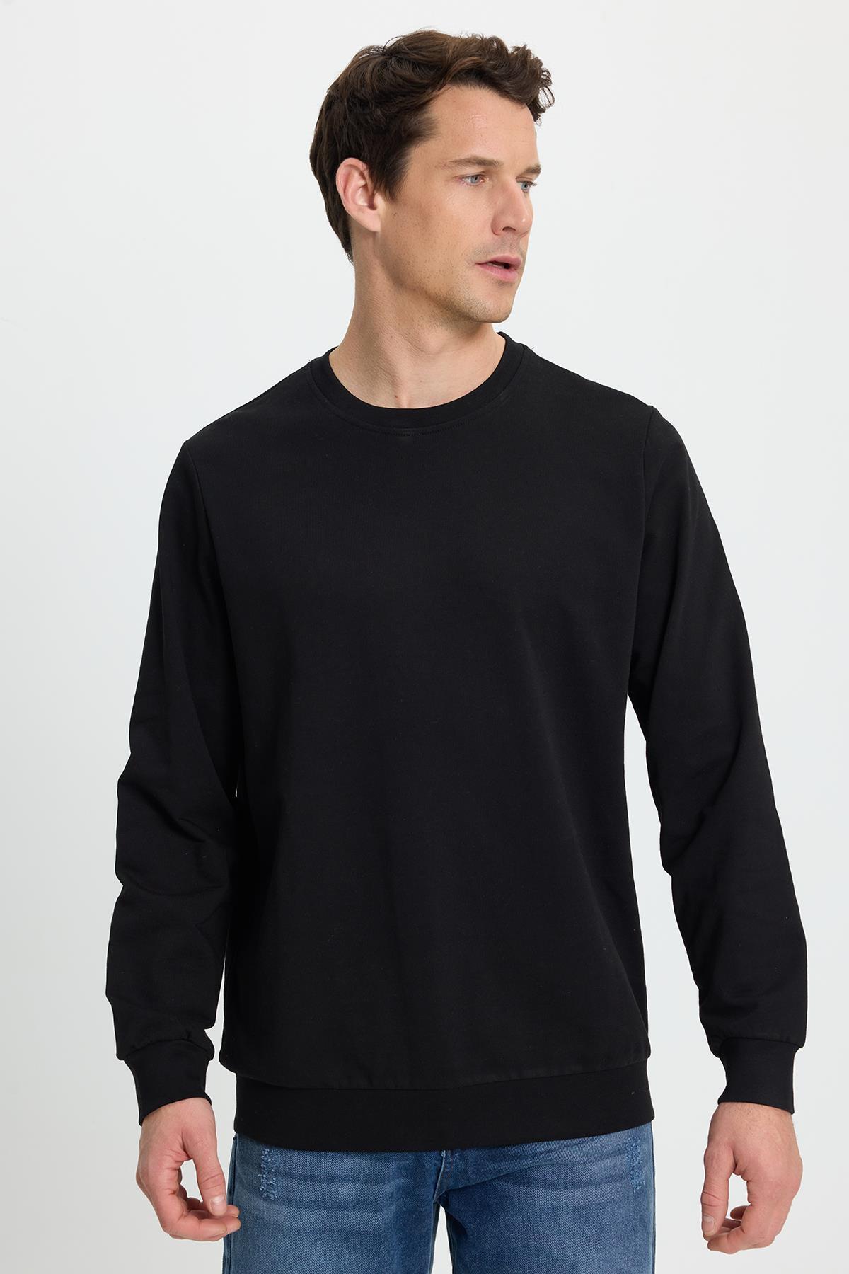 Tudors Erkek Relax Fit Rahat Kesim %100 Pamuk 2 İplik Bisiklet Yaka Siyah Sweatshirt görsel 6