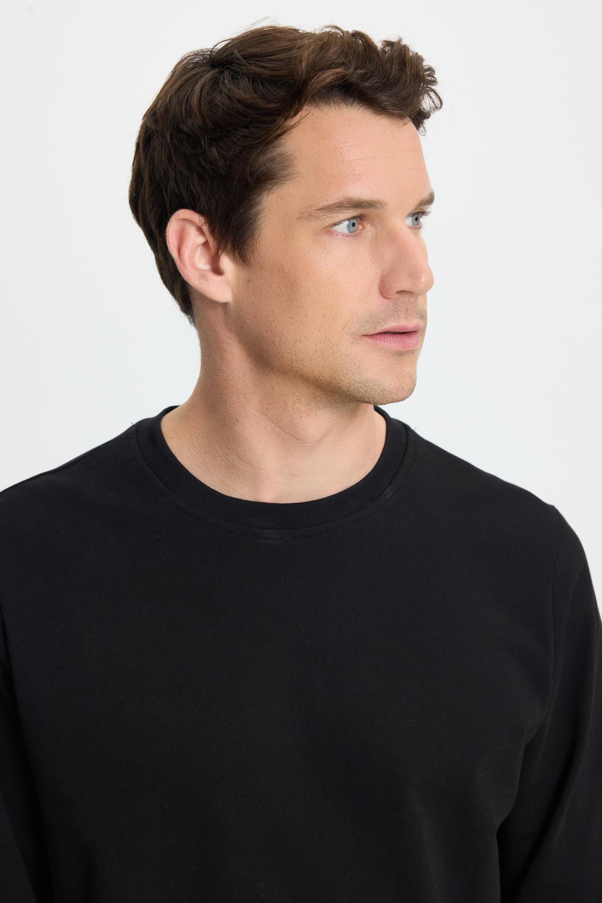 Tudors Erkek Relax Fit Rahat Kesim %100 Pamuk 2 İplik Bisiklet Yaka Siyah Sweatshirt görsel 2