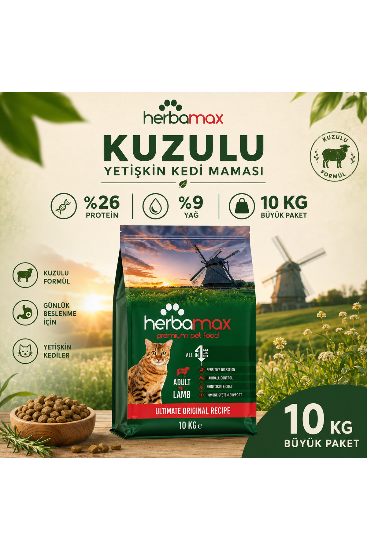 HerbaMax Ekstra Protein Desteği Sayesinde Bünyeyi Güçlendiren Formüllü - Kuzu Etli Yetişkin Kedi Maması 10kg