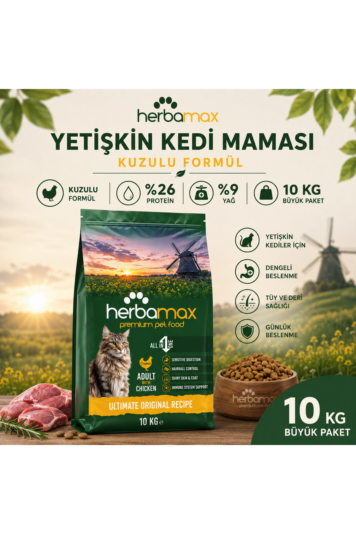 HerbaMax Bağışıklık Sistemi Düzenlemeye Yardımcı Etkili- Tavuklu Yetişkin Kedi Maması 10kg