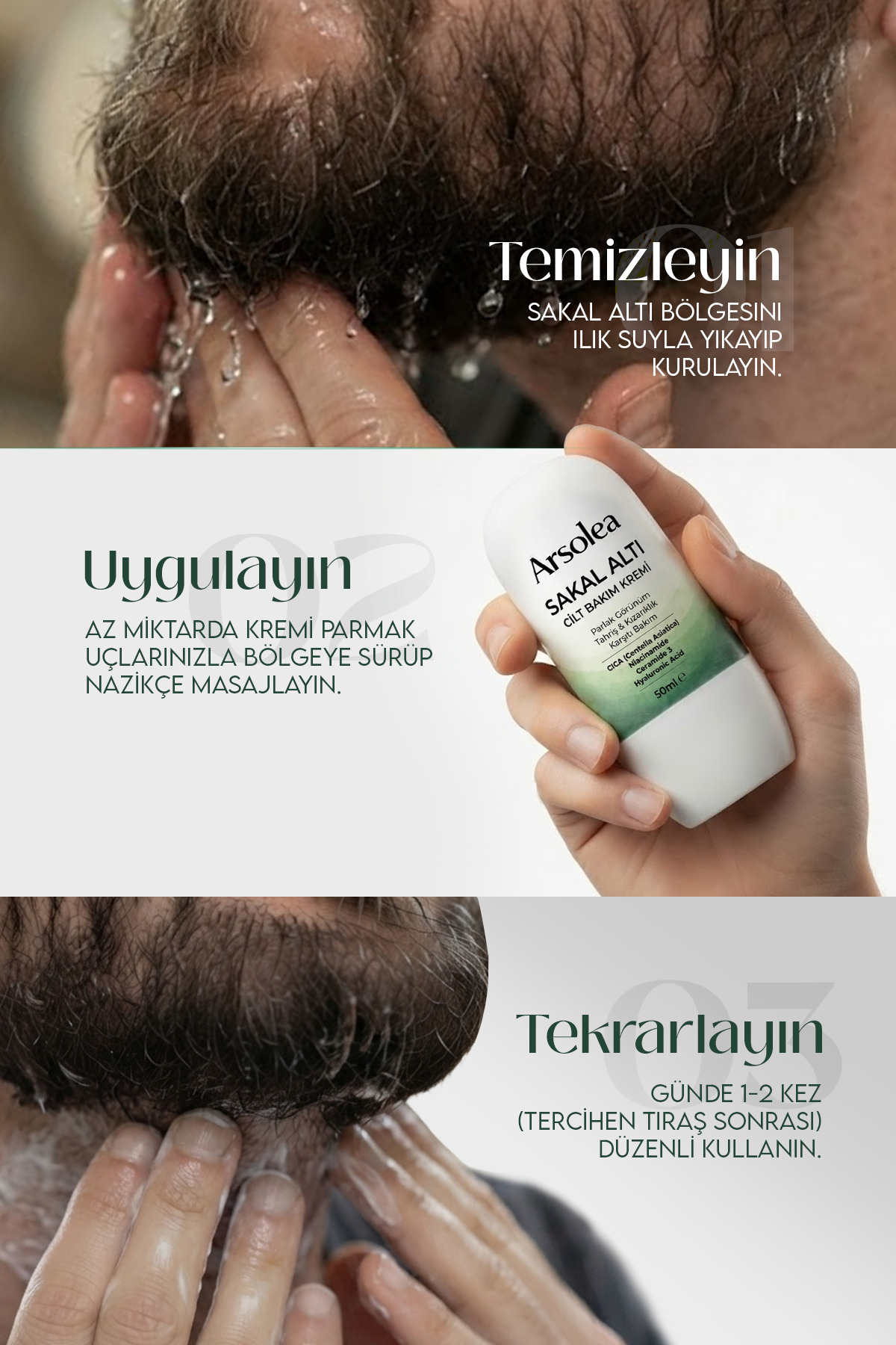 کرم مراقبت از پوست زیر ریش - ضد قرمزی و سوزش، مرطوب کننده و طراوت بخش گیاهی — sakalaltıbakım — تصویر 3 از 6