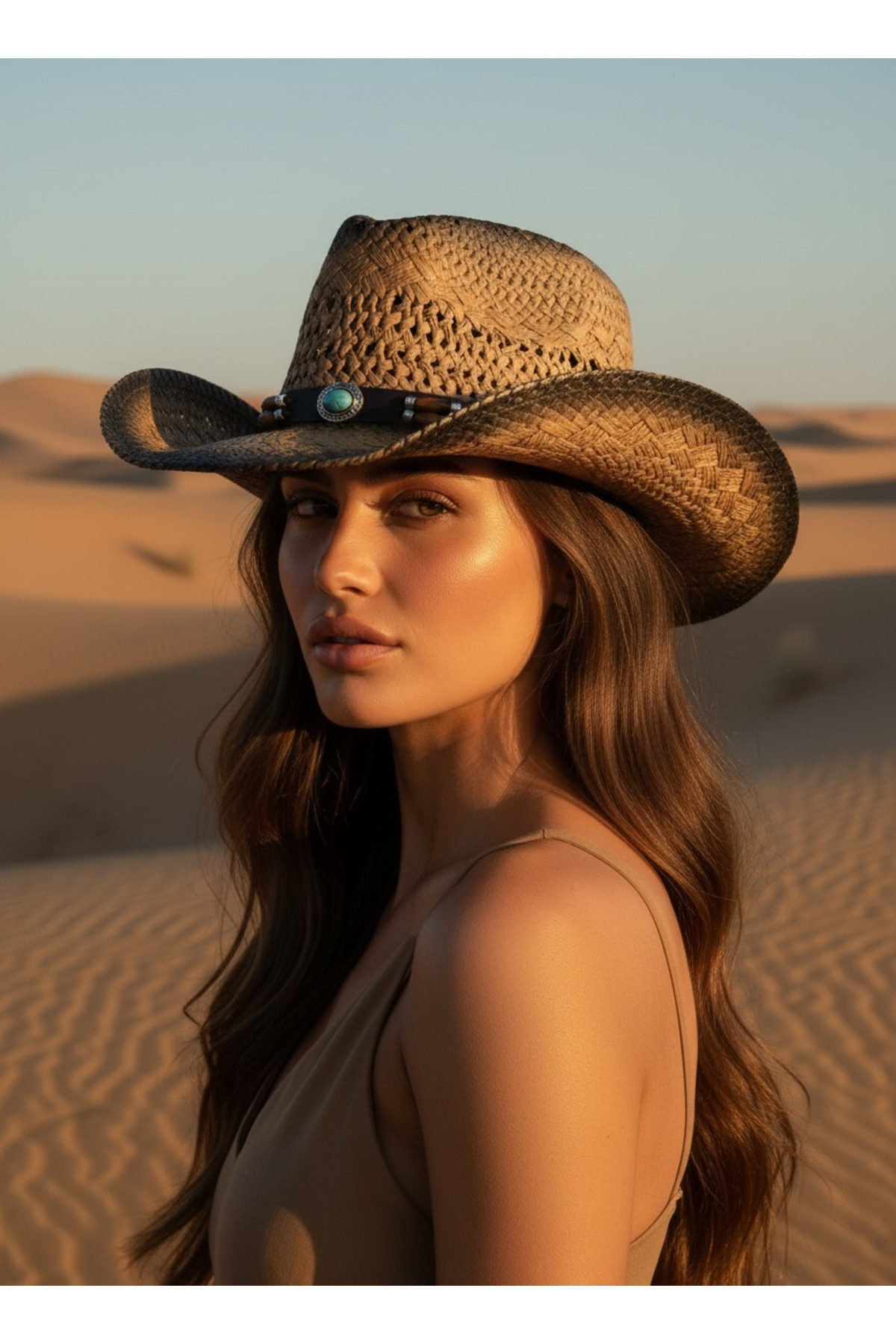 Gigi Luxe Kadın Gölgeli Premium Eskitme Dokulu Western Kovboy Şapkası Boncuklu Hasır Şapka Bohem görsel 3