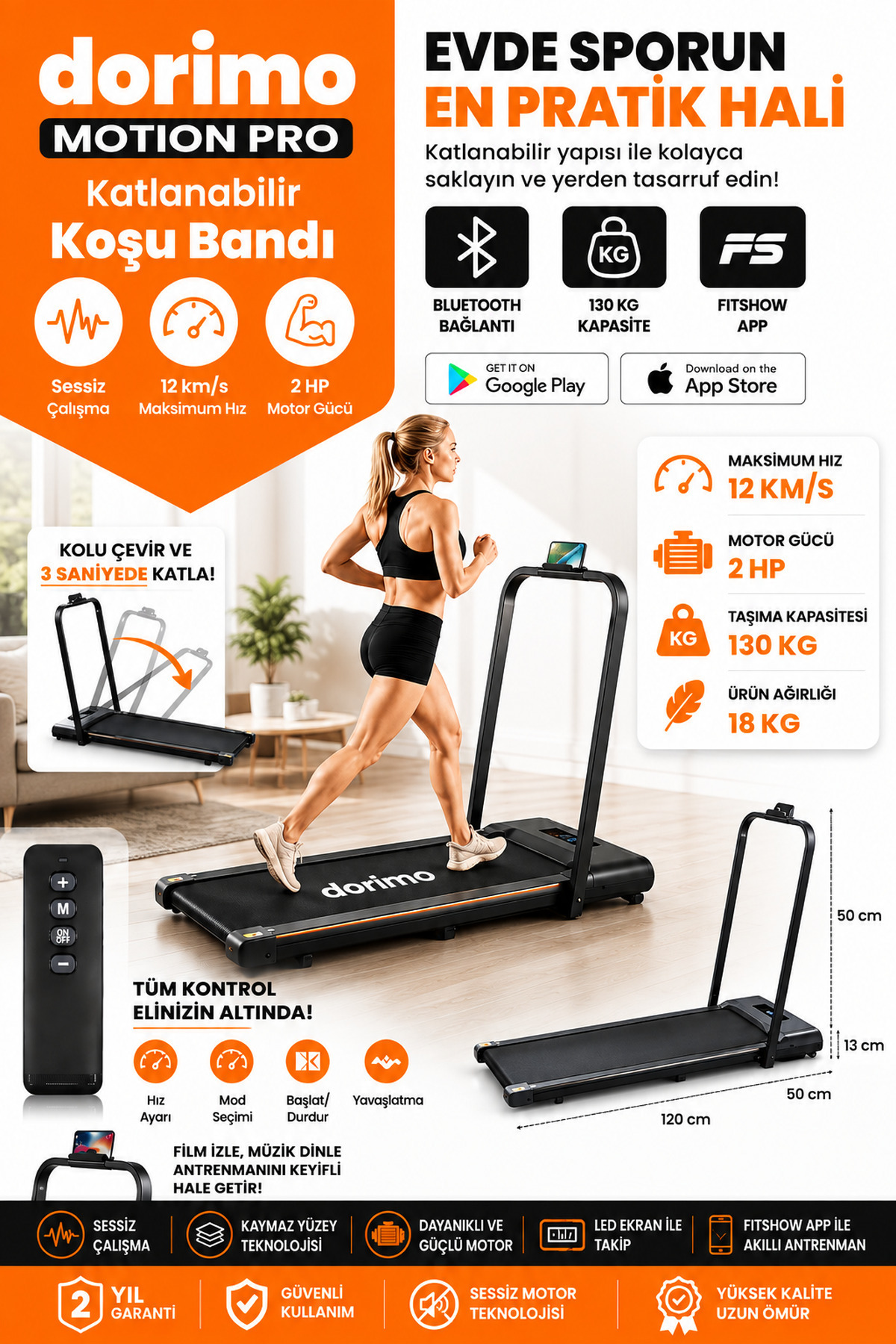 Dorimo MOTION PRO Koşu Bandı Ev Tipi Bluetoothlu Uzaktan Kumandalı Portatif Yürüme ve Koşu Bandı
